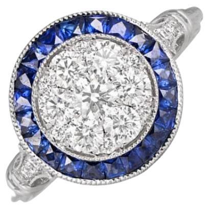 0.70ct Round Brilliant Cut Diamond Engagement Ring, Sapphire Halo, Platinum For Sale