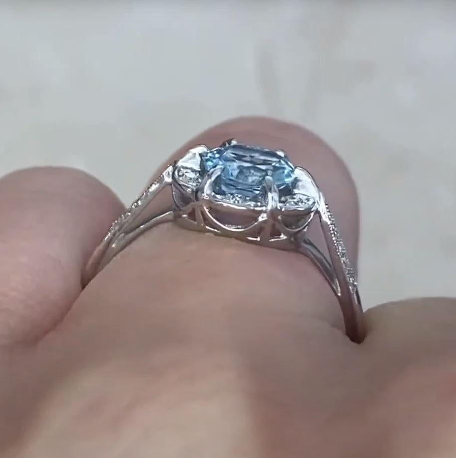 0.70ct Round Cut Aquamarine Cluster Ring, Diamond Halo, Platinum For Sale 3