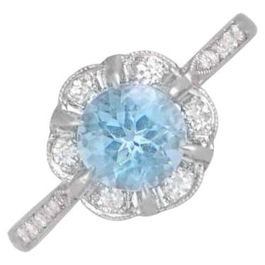 0.70ct Round Cut Aquamarine Cluster Ring, Diamond Halo, Platinum For Sale