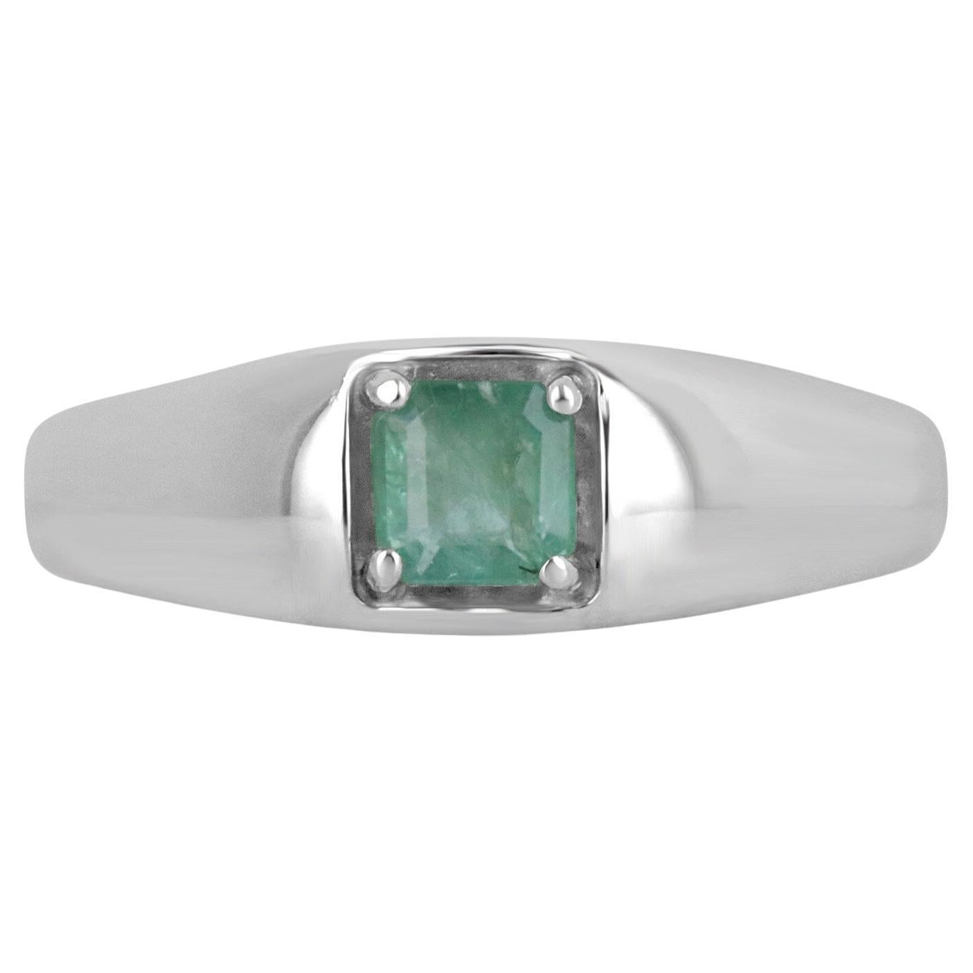 0.70ct SS Solitaire Natural Emerald Asscher Cut 4 Prong Men's Band Silver Ring For Sale