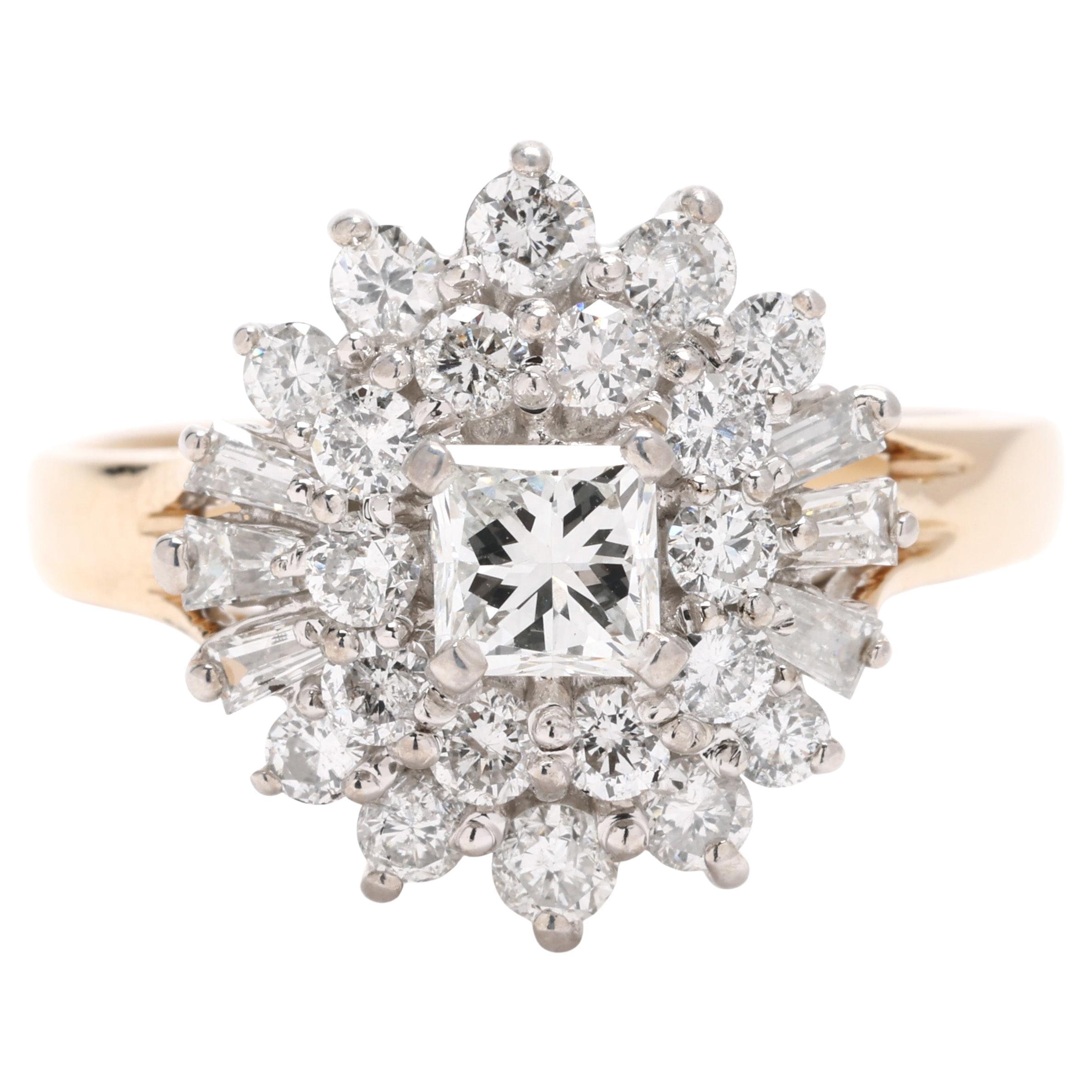 Bague grappe de diamants 0,70 carat, or jaune 14 carats, taille 8,25