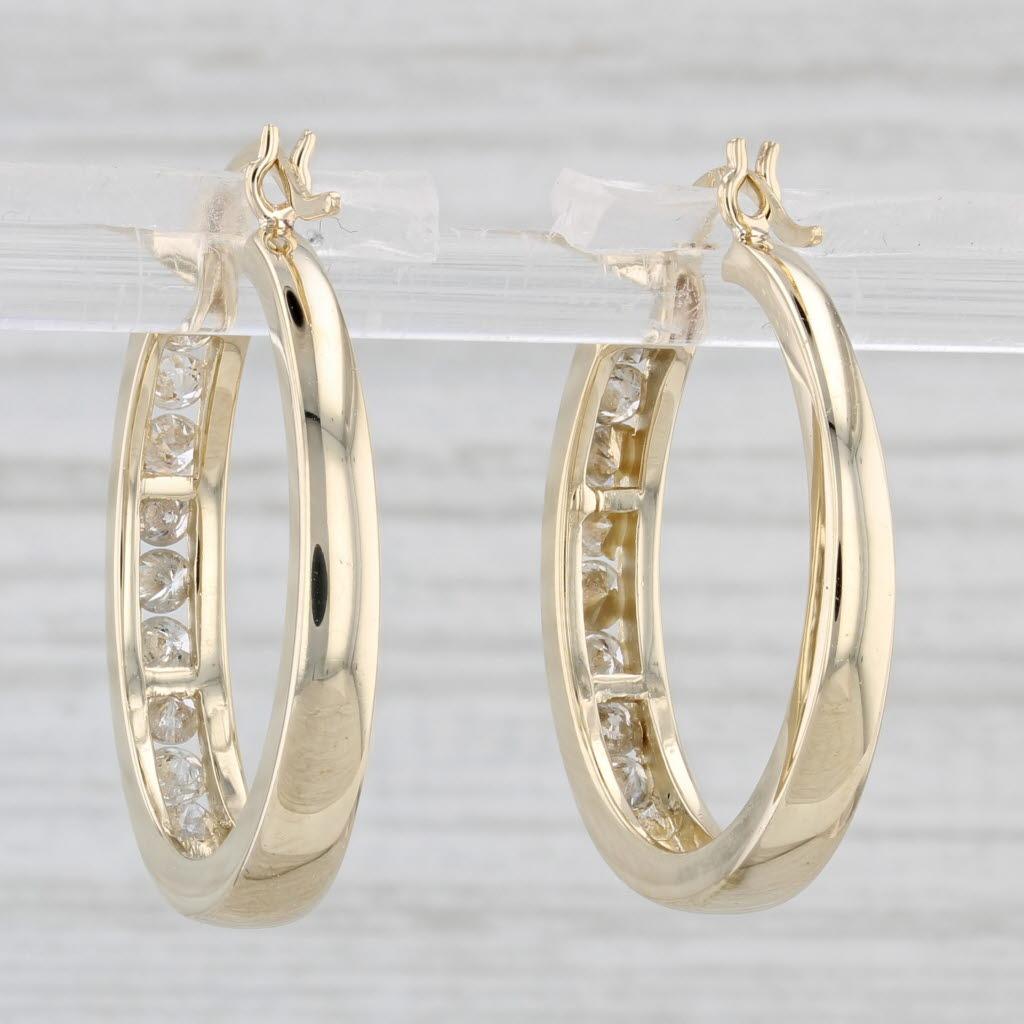 Round Cut 0.70ctw Diamond Hoop Earrings 14k Yellow Gold Snap Top Round Hoops For Sale
