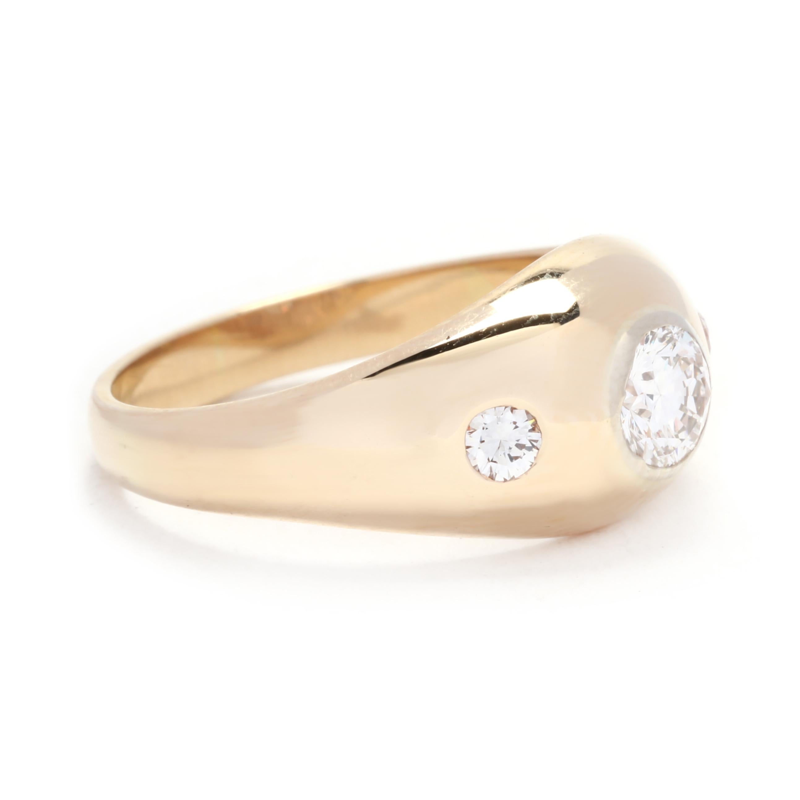 This stunning 3 diamond ring is a perfect choice for an engagement or anniversary ring. Crafted in 14K yellow gold, this ring features a flush set design with three sparkling diamonds totaling 0.70 carats in weight. The diamonds are of excellent