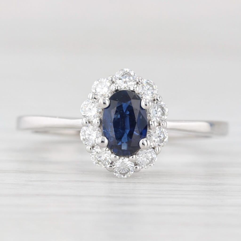0.70ctw Oval Blue Sapphire Diamond Halo Ring 14k White Gold Size 6.5 Engagement In Good Condition For Sale In McLeansville, NC