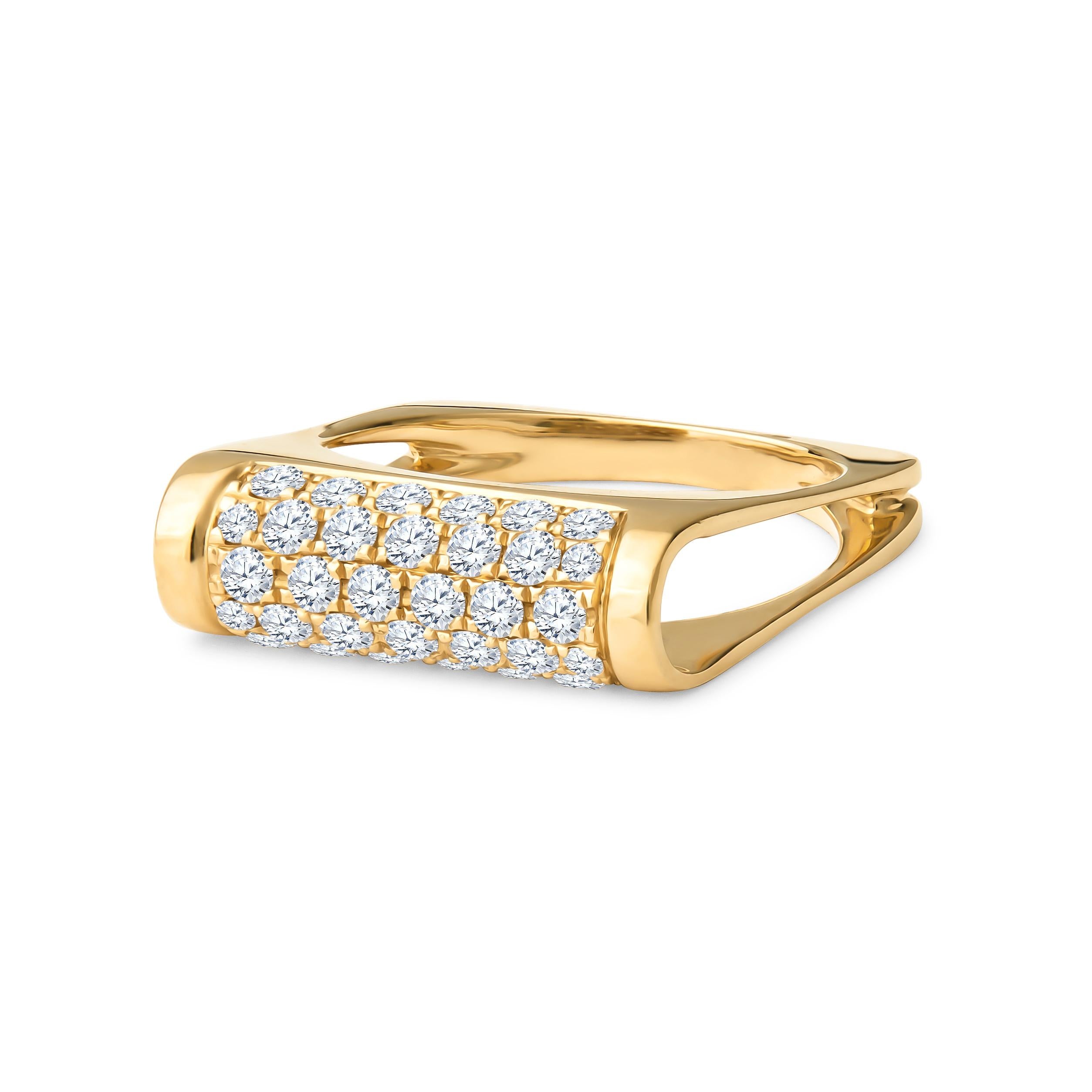 This incredible ring is a unique one, with open sides and a squared frame for the shank. The top of the ring is a rounded bar covered in pave round diamonds, 0.70ctw, set in 18kt yellow gold. The ring itself is a size 6, but can be resized upon