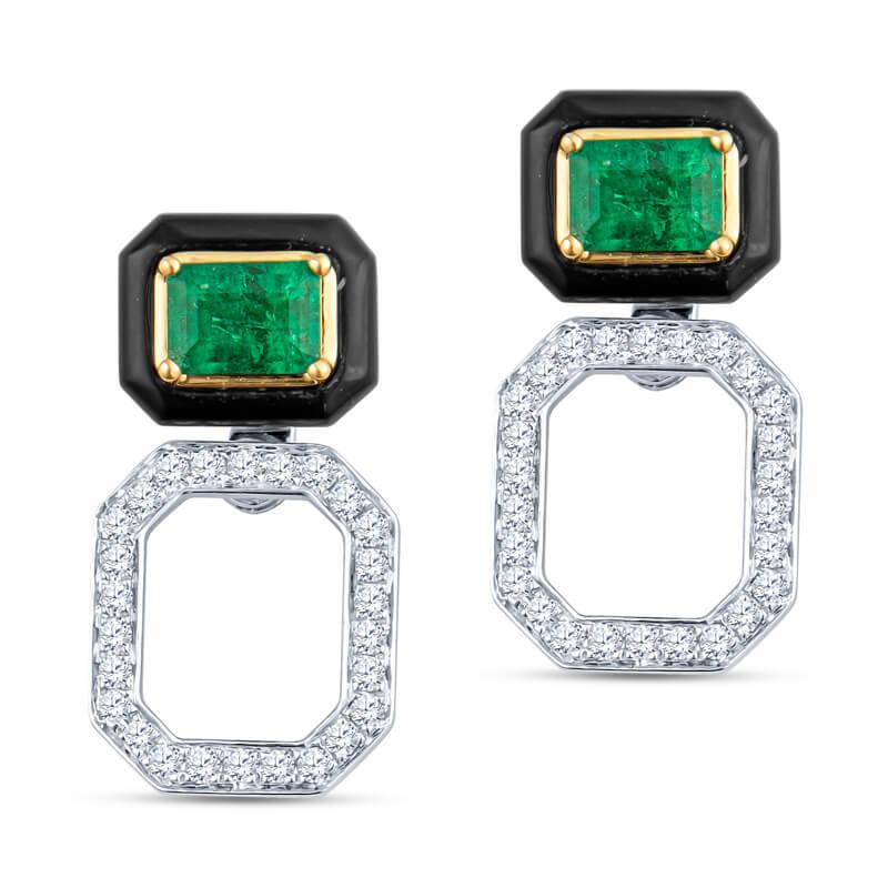 These unique emerald stud earrings feature 0.70 carat total weight in radiant cut emeralds set in 18 karat yellow gold surrounded by black enamel and a jacket with 0.25 carat total weight in round diamonds set in 18 karat white gold. These earrings