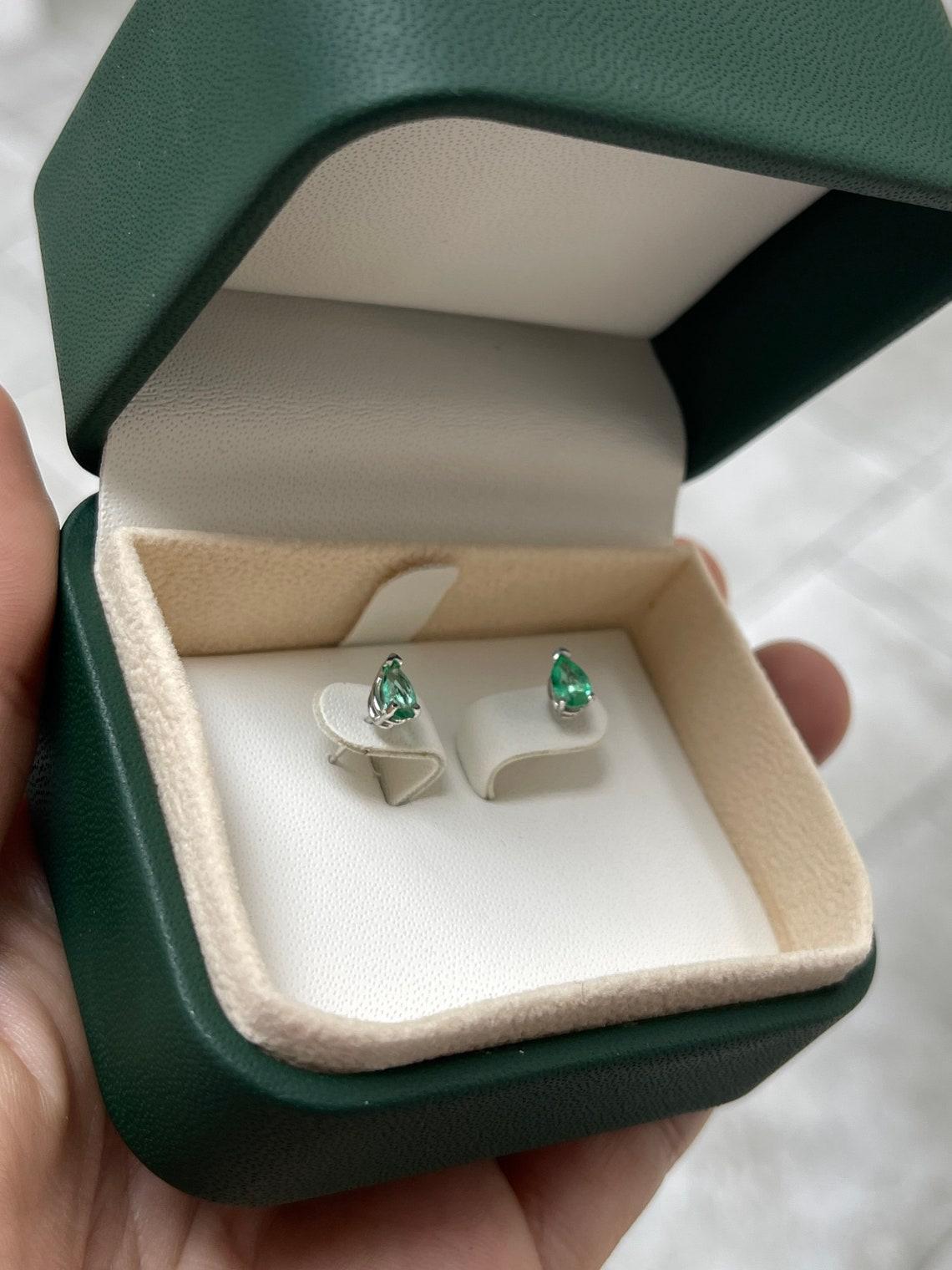 0.70tcw 14K Pear Cut Light Green Emerald Studs 3 Prong White Gold Emerald For Sale 3