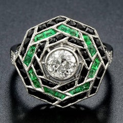 0.71 Carat Brilliant Cut Diamond Emerald and Onyx Cocktail Ring