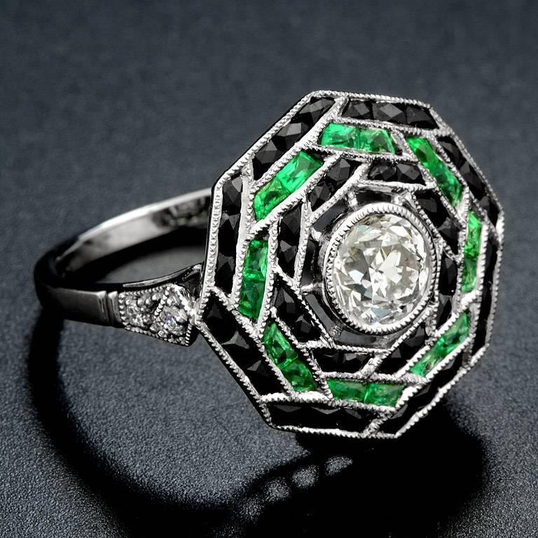 Art Deco 0.71 Carat Brilliant Cut Diamond Emerald and Onyx Cocktail Ring