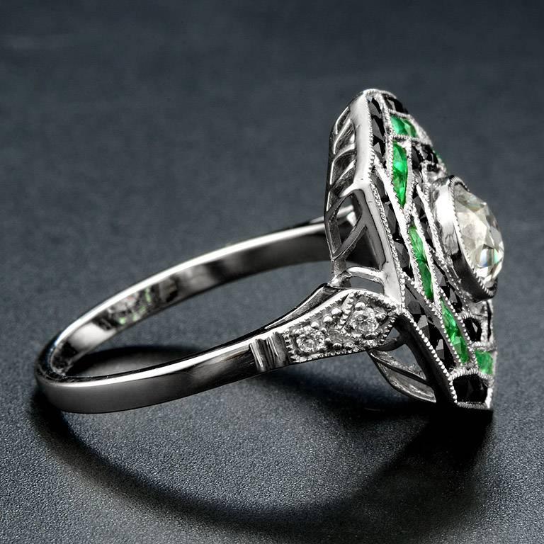 Round Cut 0.71 Carat Brilliant Cut Diamond Emerald and Onyx Cocktail Ring