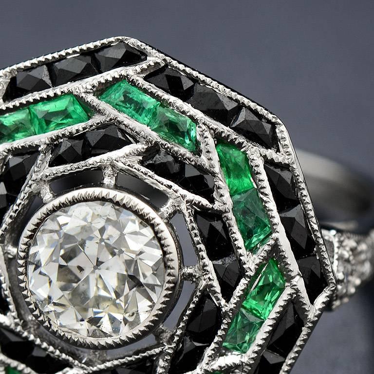 Women's 0.71 Carat Brilliant Cut Diamond Emerald and Onyx Cocktail Ring