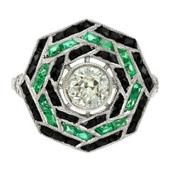 0.71 Carat Brilliant Cut Diamond Emerald and Onyx Cocktail Ring