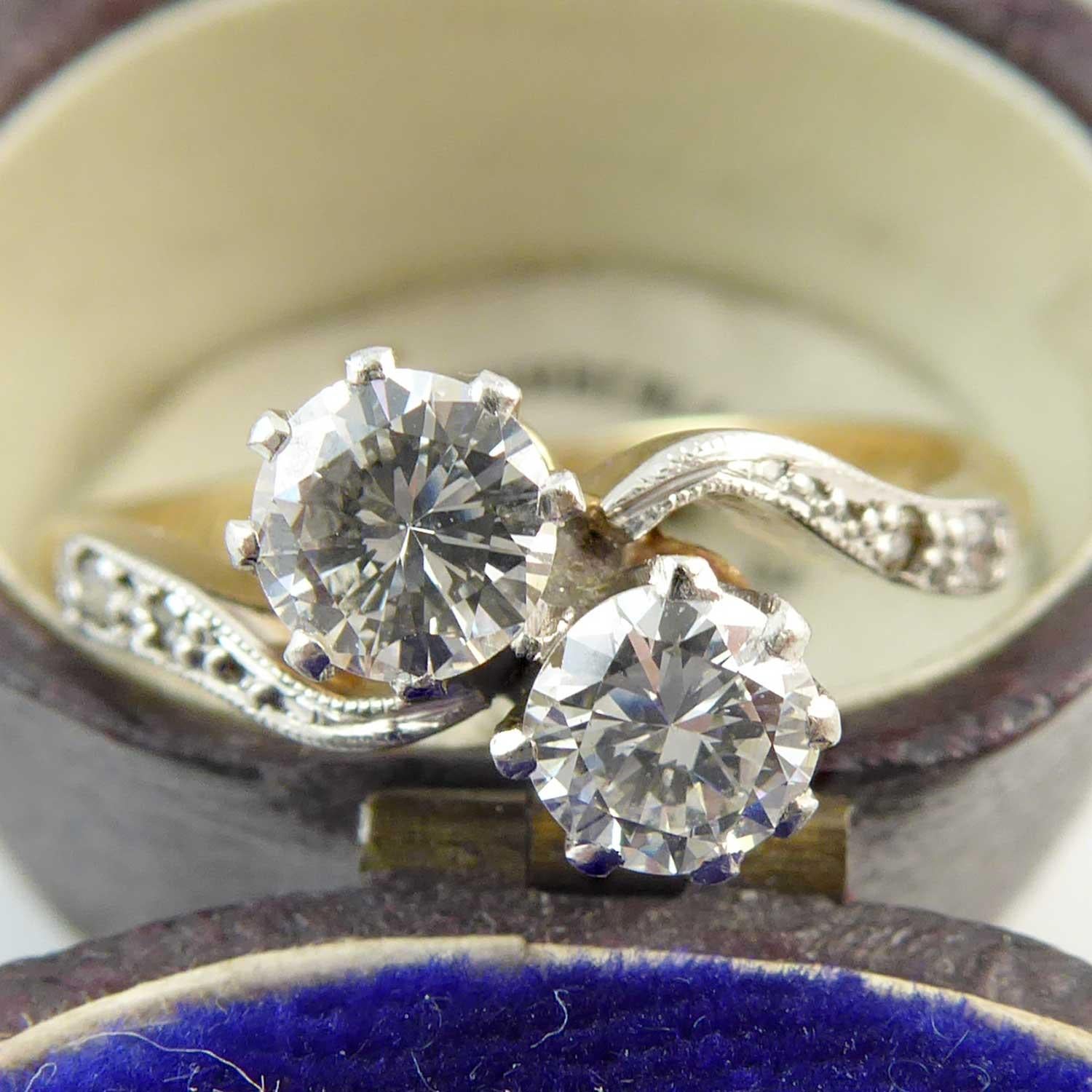 0.71 Carat Diamond Two-Stone Ring, Diamond Shoulders 1