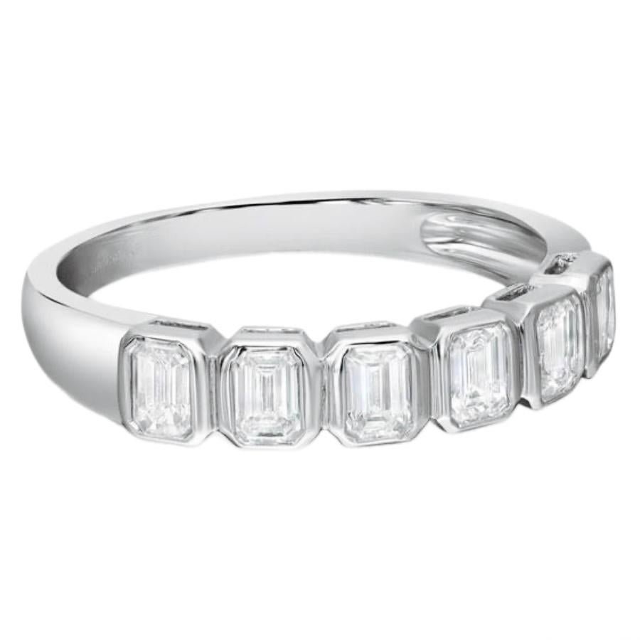 0.71 Carat Emerald Cut Bezel Set Diamond Halfway Eternity Band 18k White Gold 4