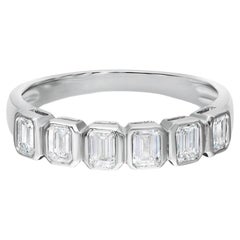 0.71 Carat Emerald Cut Bezel Set Diamond Halfway Eternity Band 18k White Gold