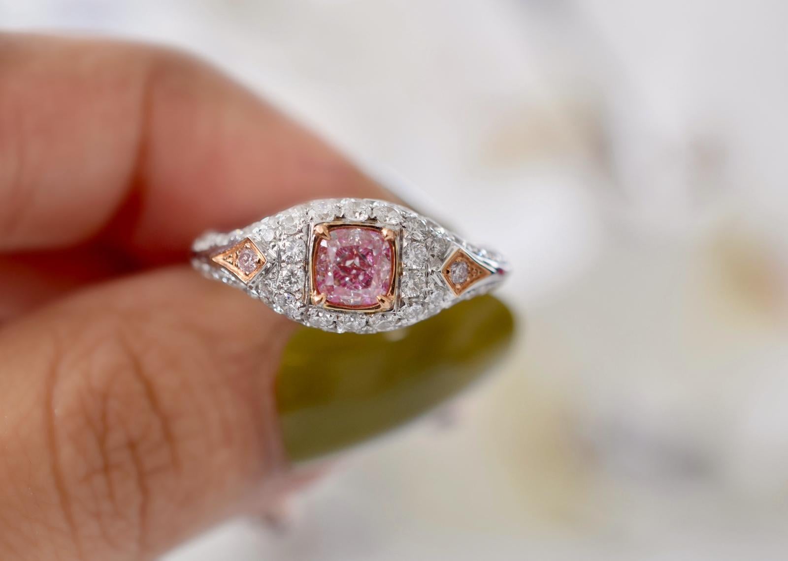 **100% NATURAL FANCY COLOUR DIAMOND JEWELLERIES**

✪ Jewelry Details ✪

♦ MAIN STONE DETAILS

➛ Stone Shape: Cushion
➛ Stone Color: Faint Pink
➛ Stone Weight: 0.71 carat
➛ Clarity: I1
➛ GIA certified

♦ SIDE STONE DETAILS

➛ Side White Diamonds- 60