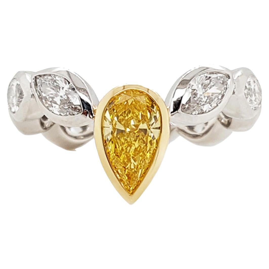 0.71 Carat Fancy Vivid Yellow Diamond Engagement Ring, 18K Gold, GIA Certified For Sale