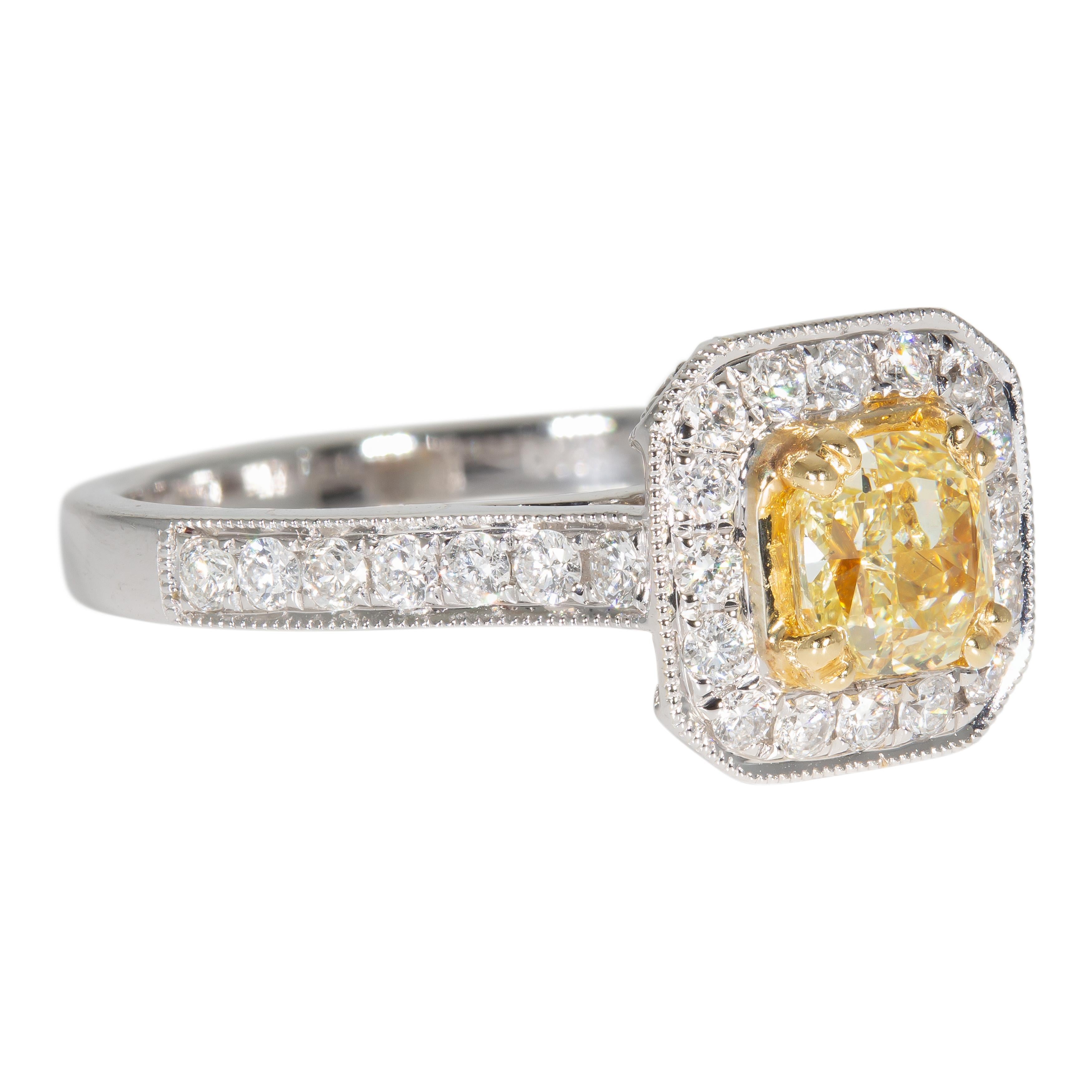 Radiant Cut 0.71 Carat Fancy Yellow Halo Diamond Ring
