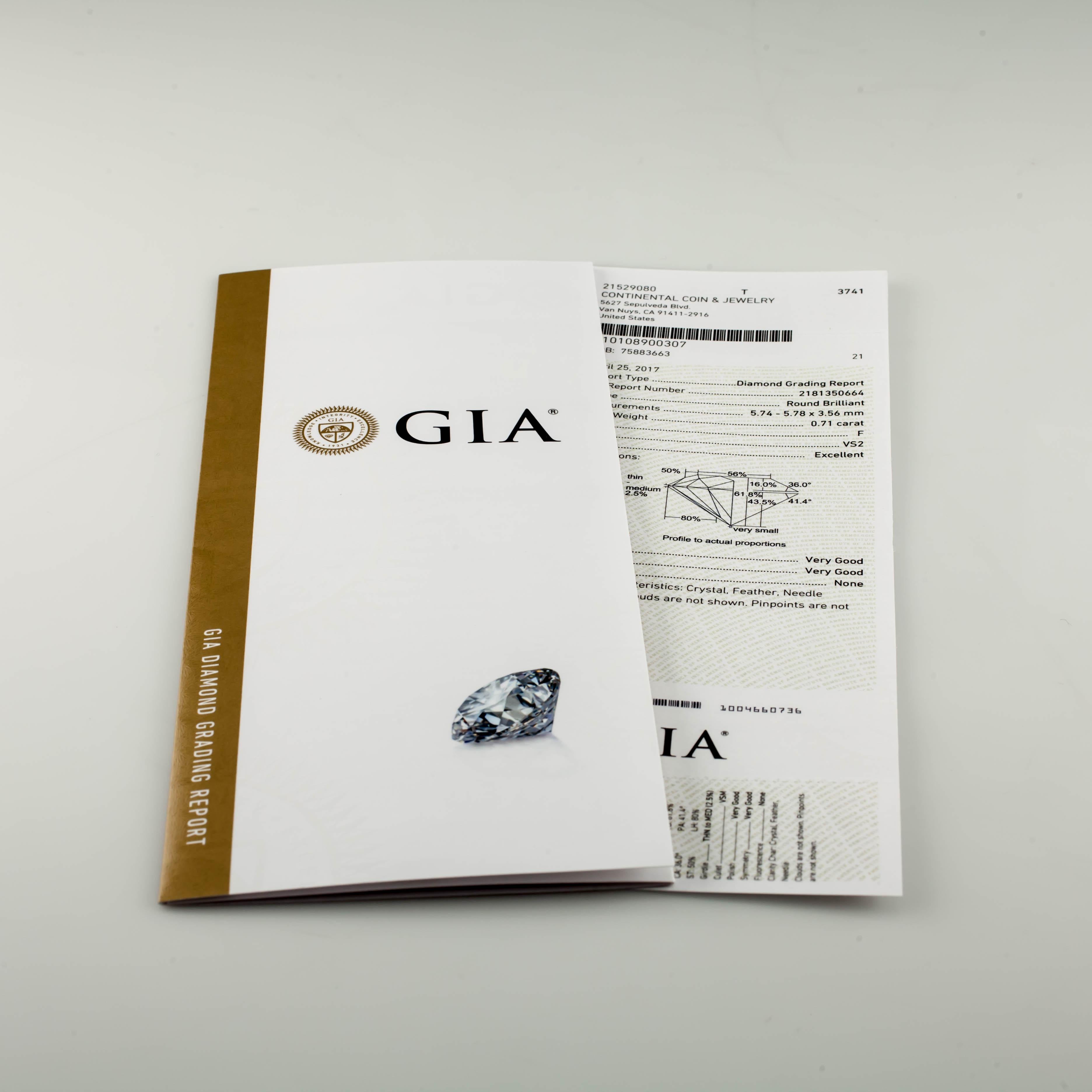 Women's or Men's 0.71 Carat Loose F / VS2 Round Brilliant Cut Diamond GIA Certified For Sale