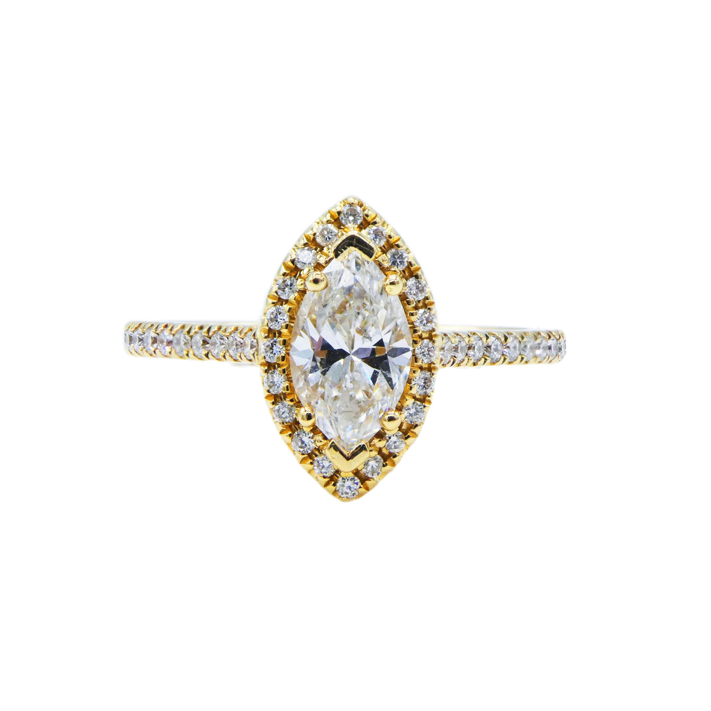0.71 Carat Marquise 14 Karat Yellow Gold Halo Diamond Engagement Ring