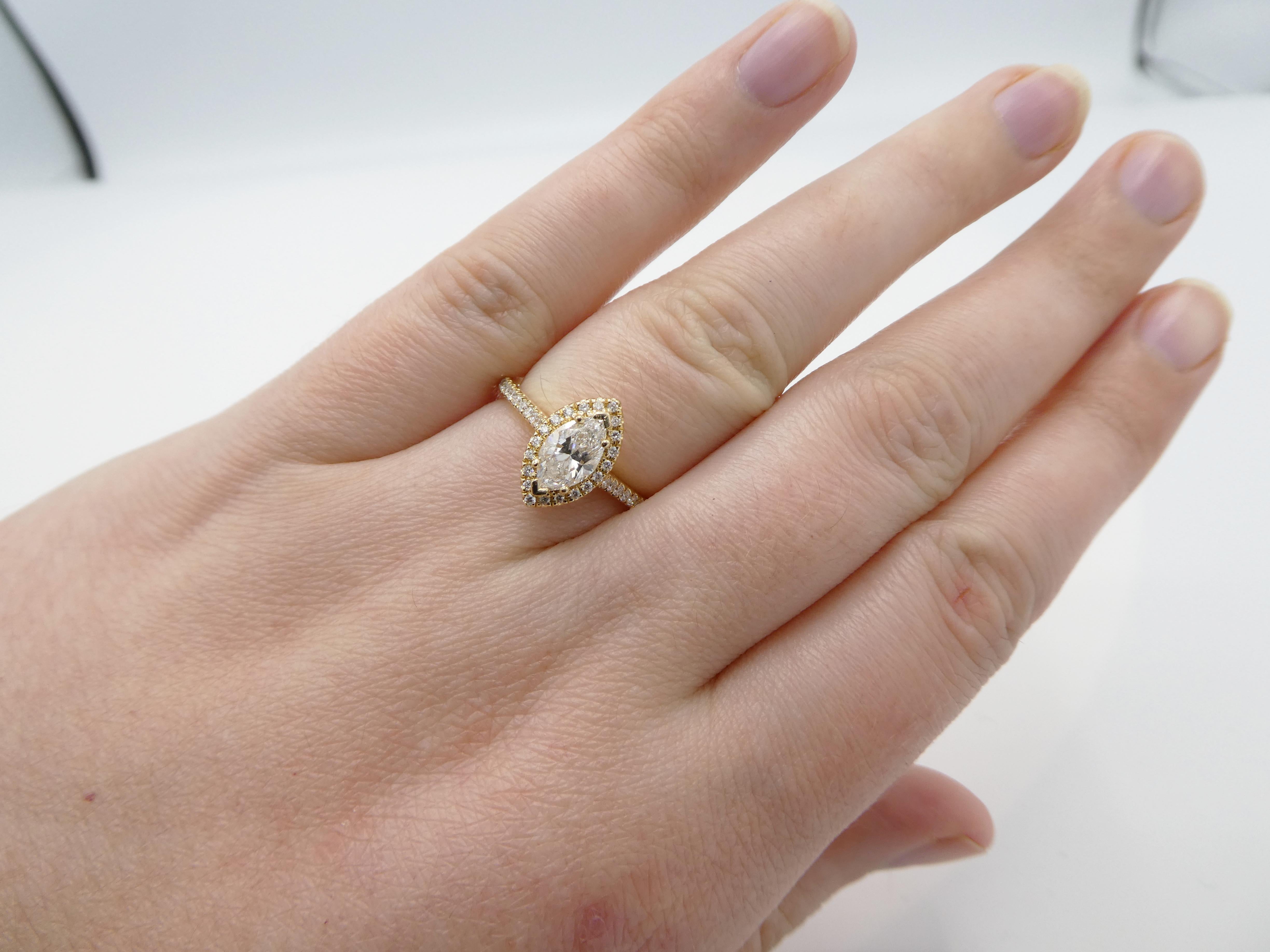 0.71 Carat Marquise 14 Karat Yellow Gold Halo Diamond Engagement Ring 1