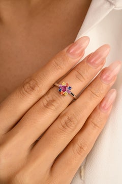 Tiny Multi Gemstone Flower Ring Gift for Girlfriend in 14k Solid White Gold