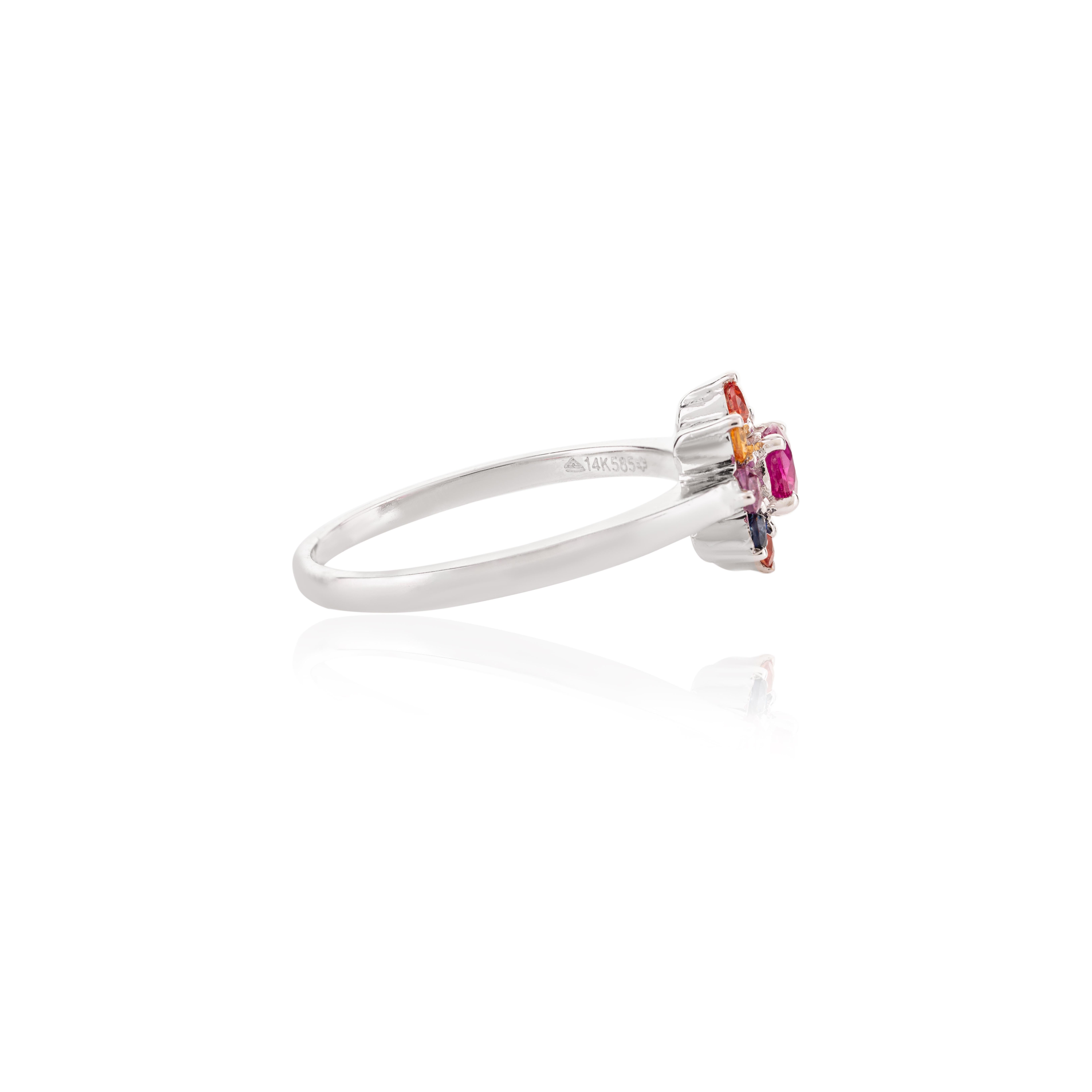 En venta: Pequeño Anillo Flor Multi Piedra Regalo para Novia en Oro Blanco Macizo de 14k  5