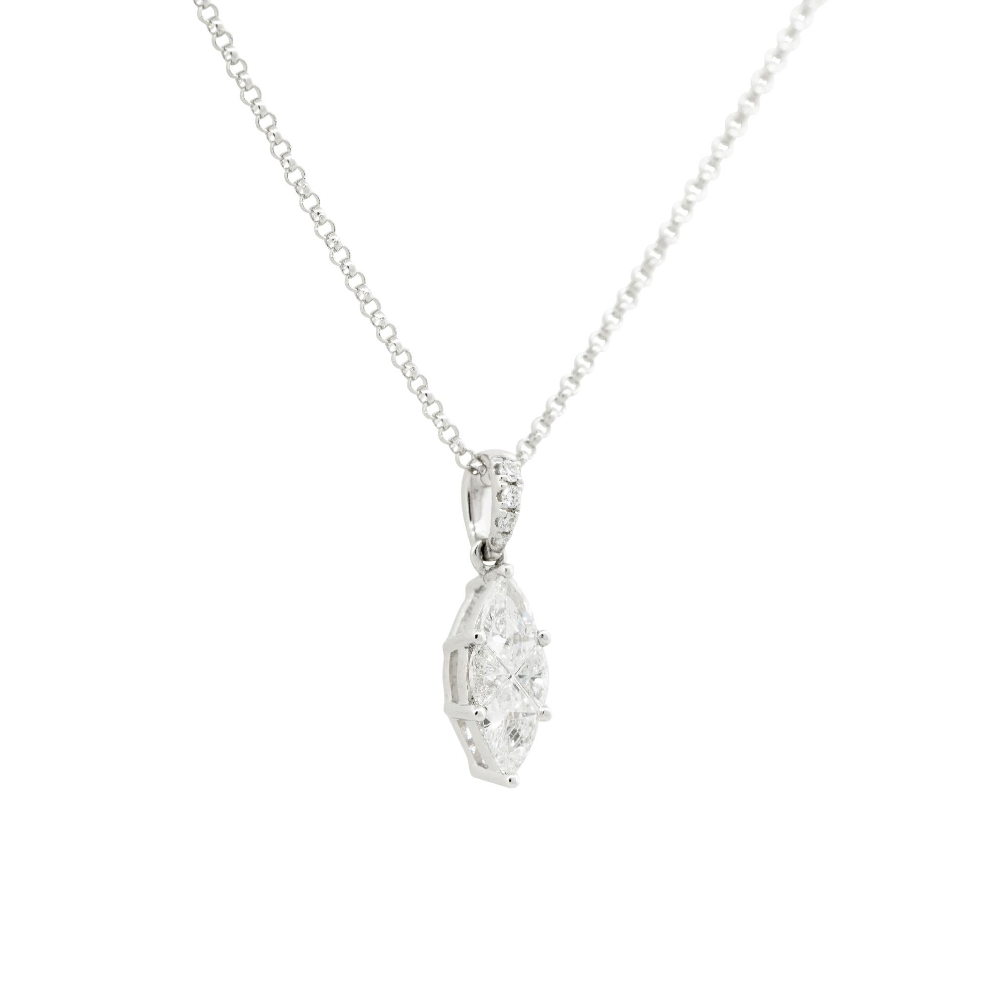 18k White Gold 0.71ctw Mosaic Marquise Cut Diamond Station Necklace
Material: 18k White Gold
Diamond Details: Approximately 0.71ctw of Marquise cut and Round Brilliant Diamonds. There are 
Necklace Length: Adjustable from 17-18