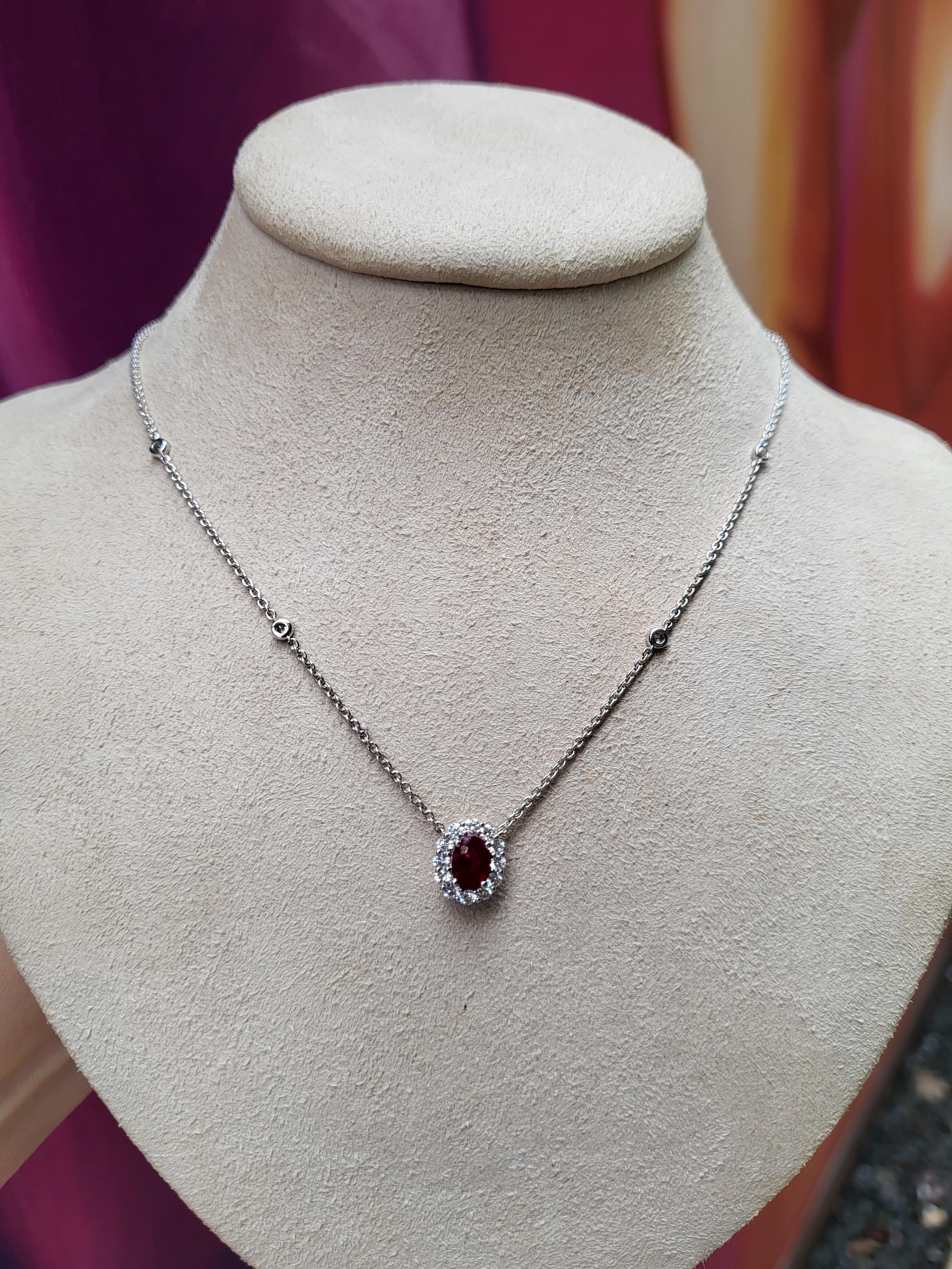 0.71 Carat Oval Cut Natural Ruby & Diamond Pendant Necklace, 18 Karat White Gold In New Condition For Sale In Houston, TX
