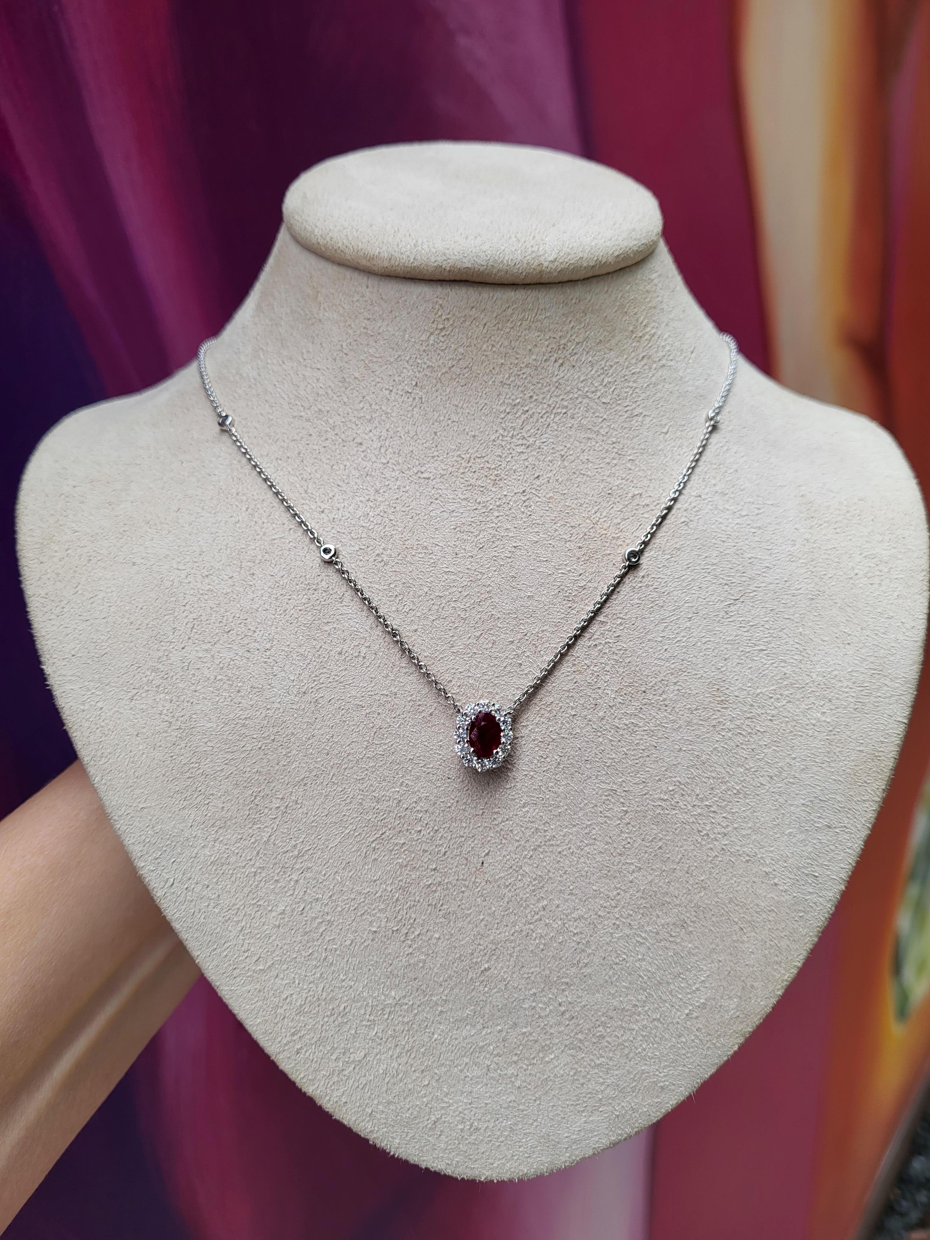 0.71 Carat Oval Cut Natural Ruby & Diamond Pendant Necklace, 18 Karat White Gold For Sale 1