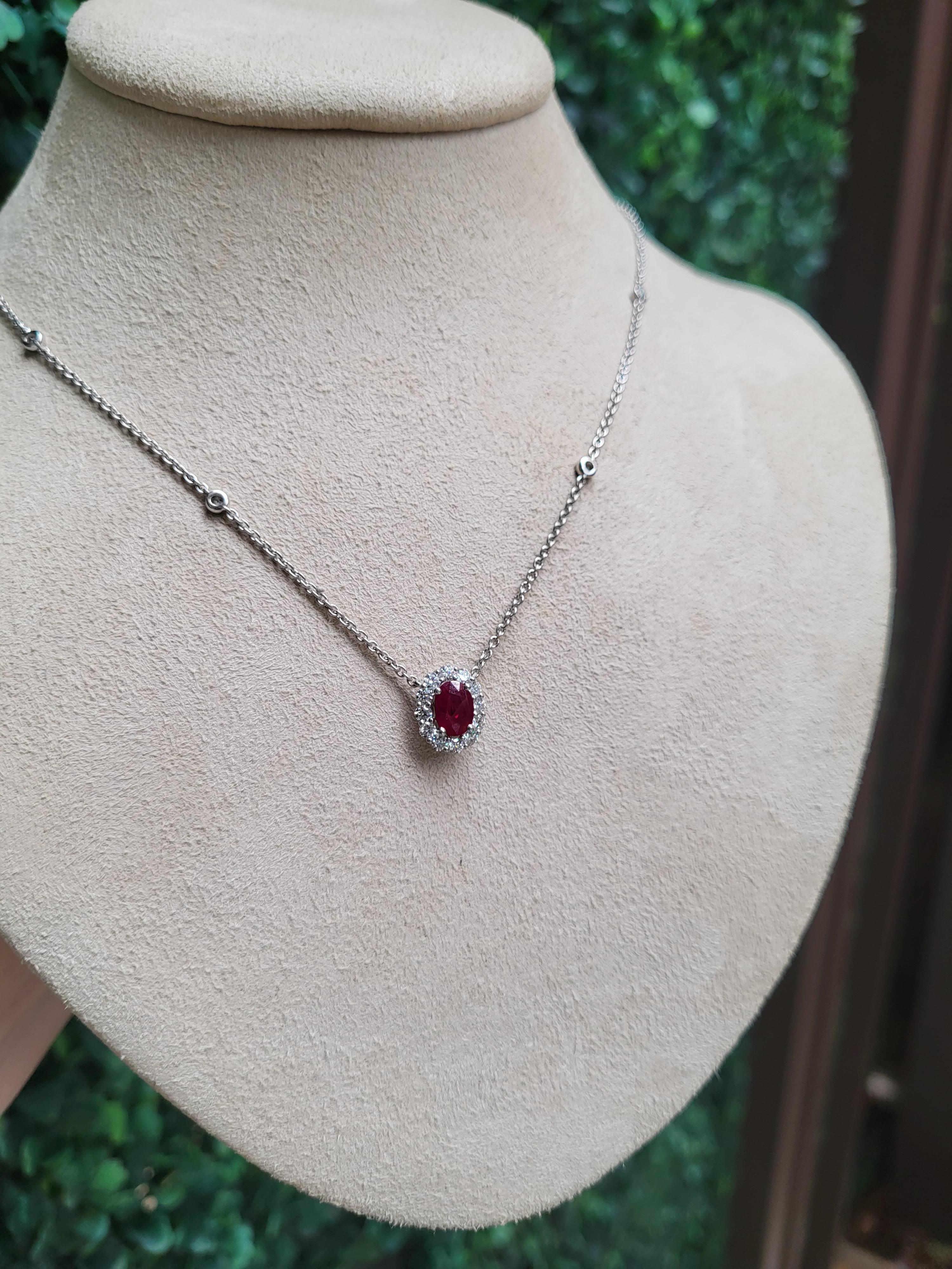 0.71 Carat Oval Cut Natural Ruby & Diamond Pendant Necklace, 18 Karat White Gold For Sale 3