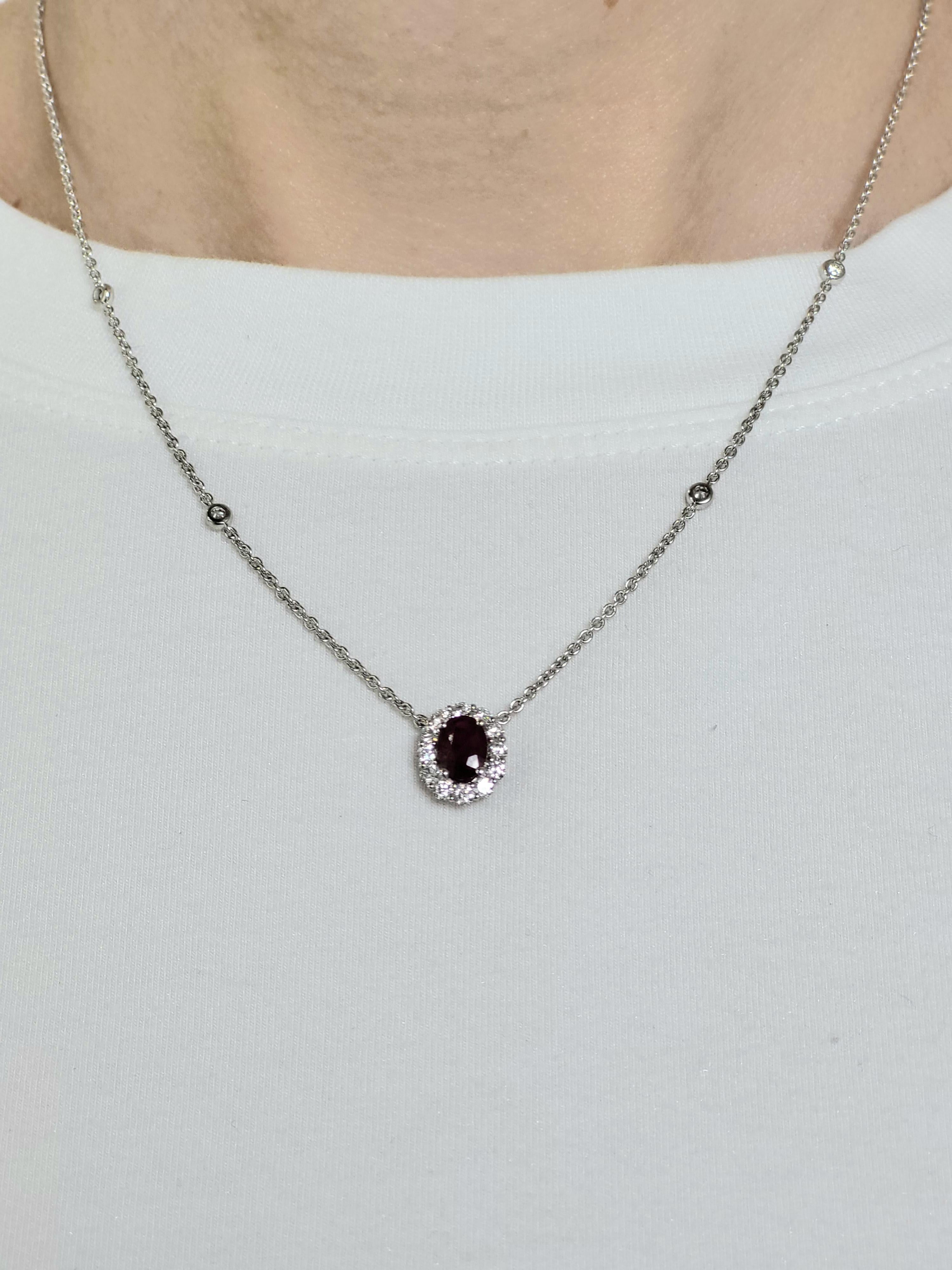 0.71 Carat Oval Cut Natural Ruby & Diamond Pendant Necklace, 18 Karat White Gold For Sale 4