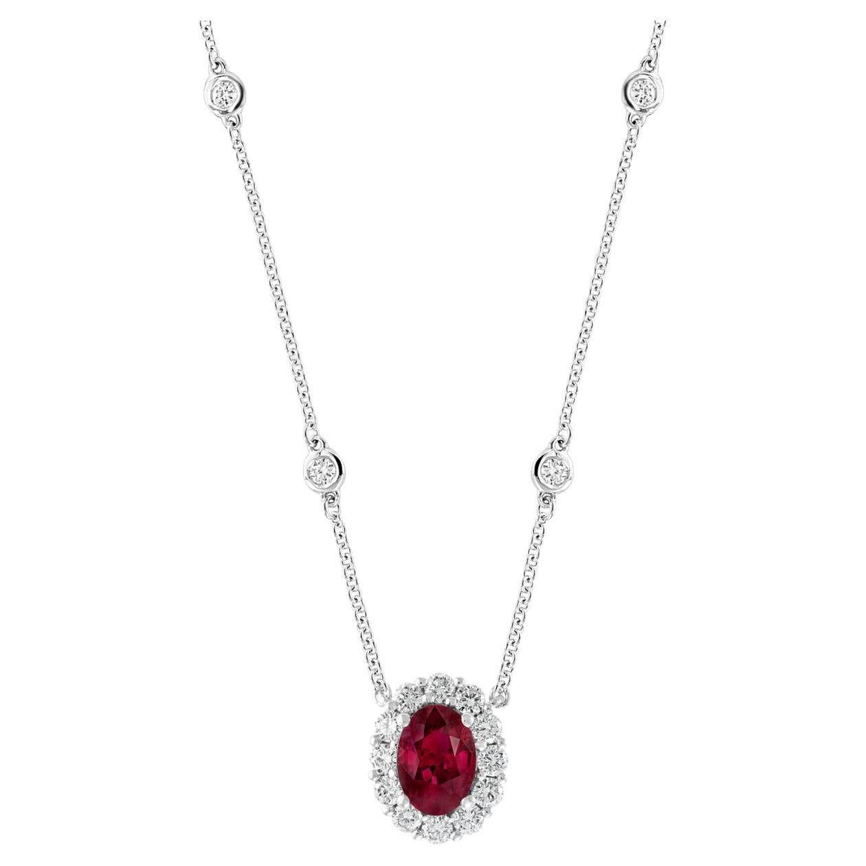 0.71 Carat Oval Cut Natural Ruby & Diamond Pendant Necklace, 18 Karat White Gold