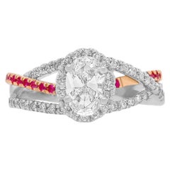 0.71 Carat Oval White Diamond \ Pink Sapphire Twist Engagement Ring in 14K Gold