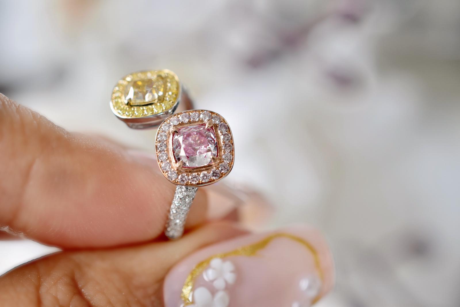 Cushion Cut 0.71 Carat Pink & Yellow Diamond Cocktail Ring GIA Certified For Sale