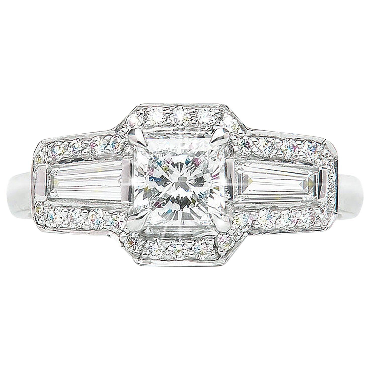 For Sale:  0.71 Carat Radiant Baguette Diamond Three-Stone Cluster Ring Natalie Barney