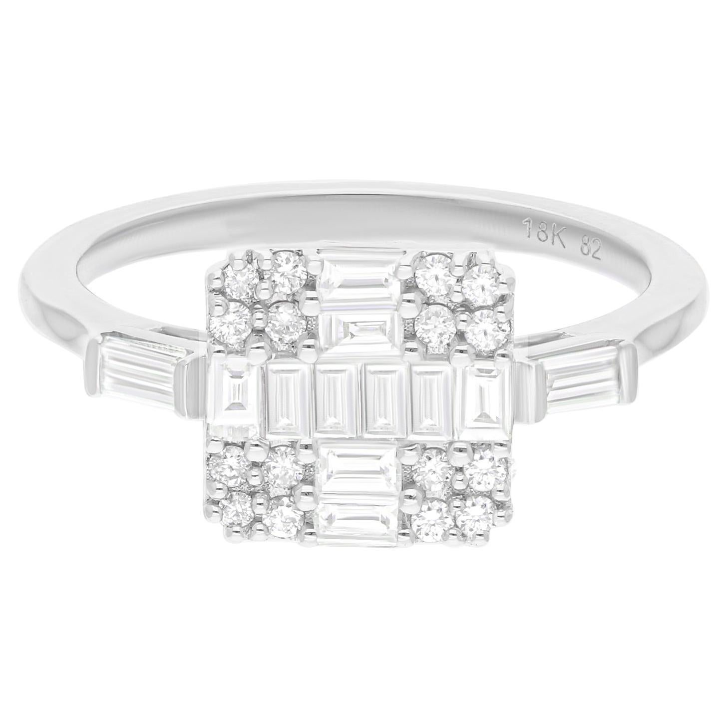 0,71 quilates SI/H Baguette Anillo de diamantes redondos talla brillante Joyas de oro blanco de 14k