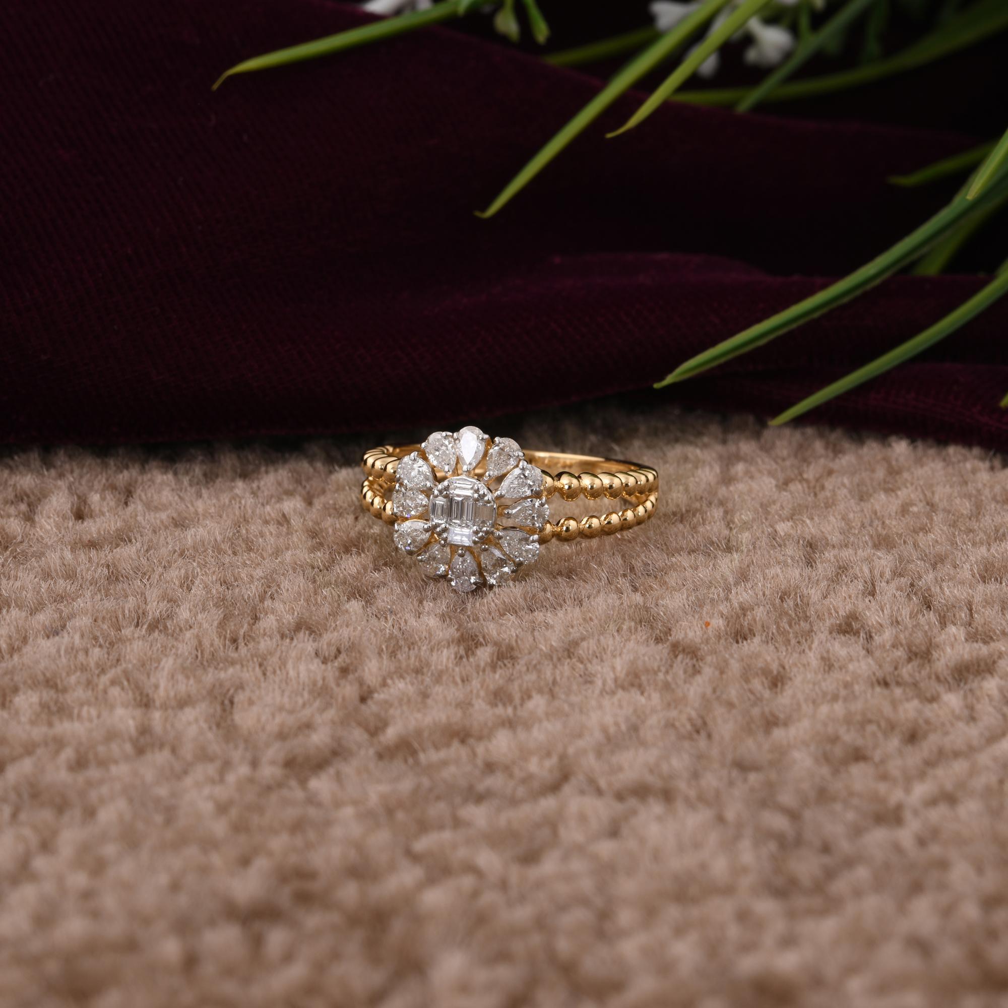 Baguette Cut 0.71 Carat SI/H Pear Baguette Diamond Flower Ring 14 Karat Yellow Gold Jewelry For Sale