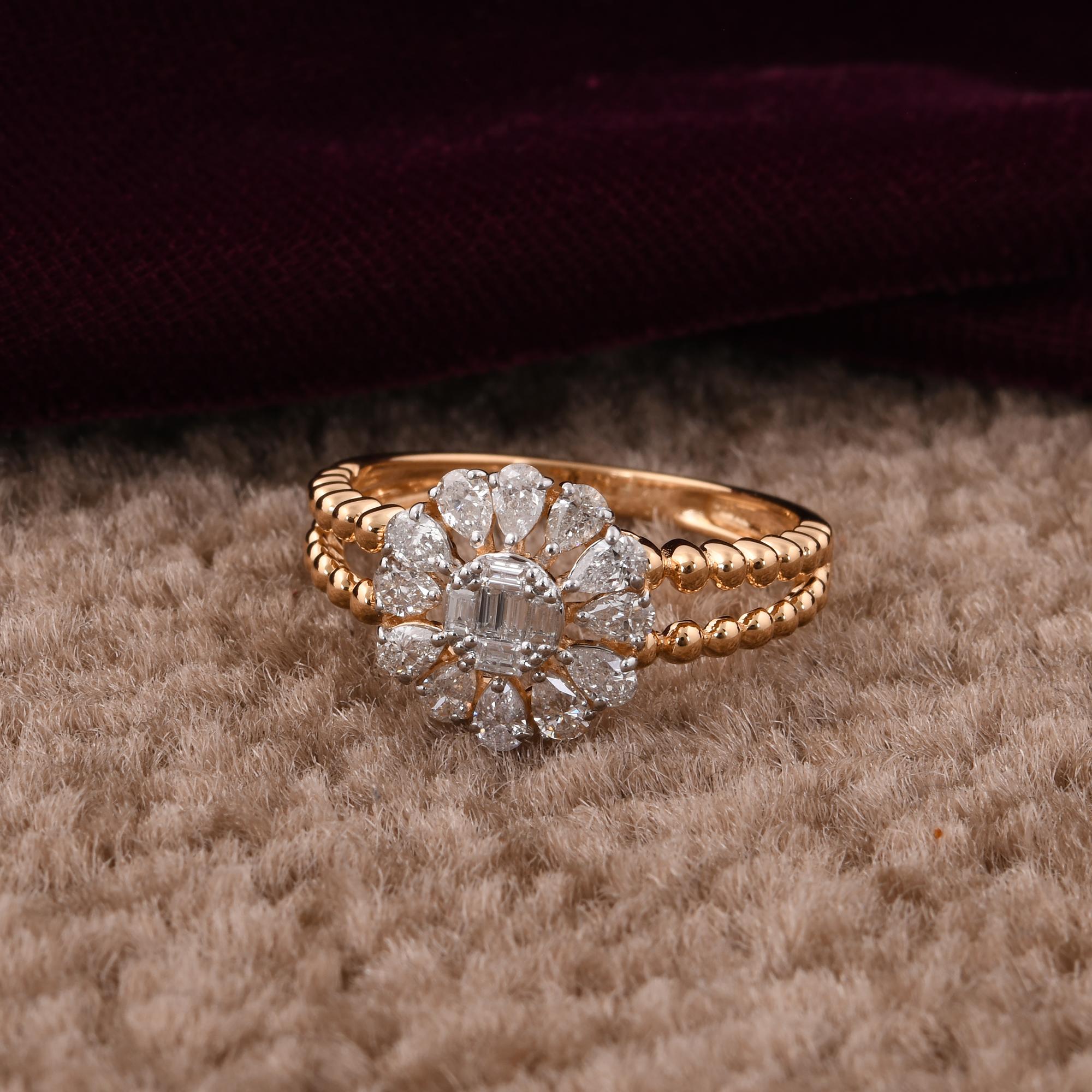 Women's 0.71 Carat SI/H Pear Baguette Diamond Flower Ring 14 Karat Yellow Gold Jewelry For Sale