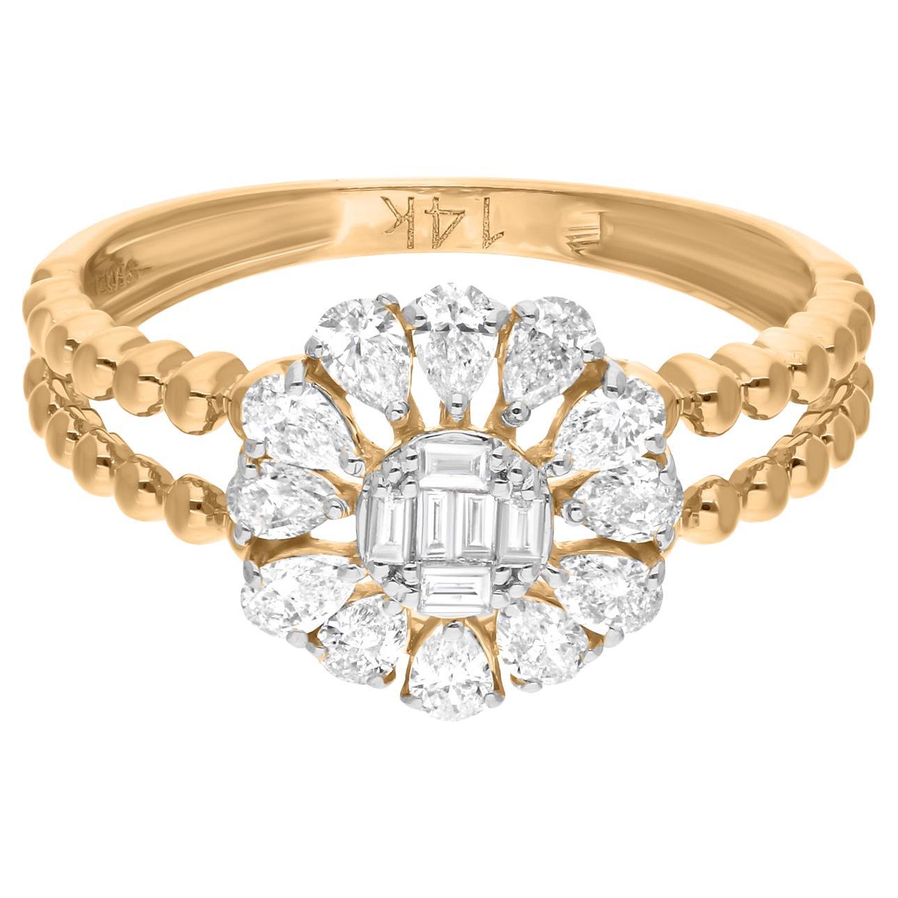 0.71 Carat SI/H Pear Baguette Diamond Flower Ring 14 Karat Yellow Gold Jewelry For Sale