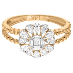 0.71 Carat SI/H Pear Baguette Diamond Flower Ring 14 Karat Yellow Gold Jewelry