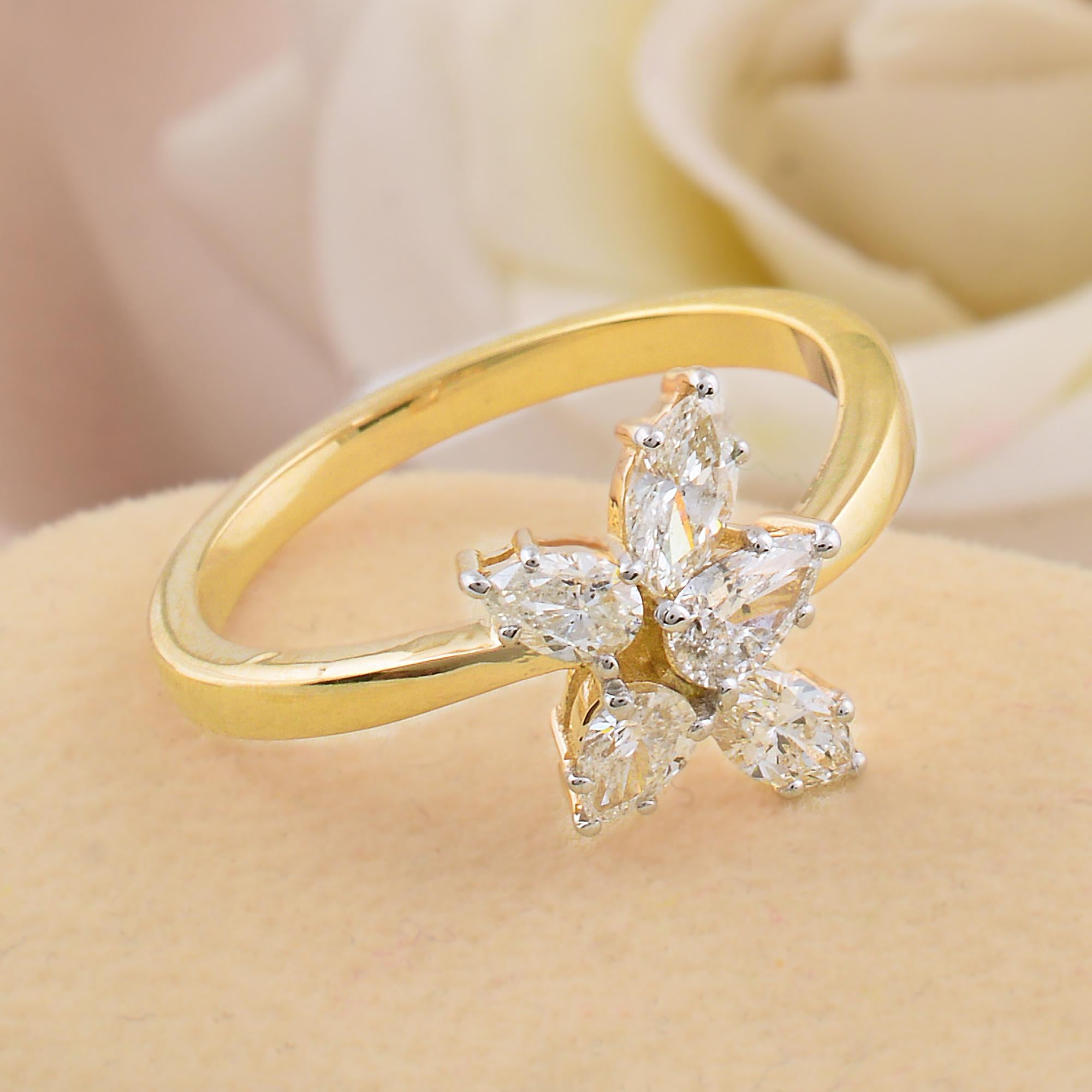 For Sale:  0.71 Carat SI/HI Marquise & Pear Diamond Flower Ring 18k Yellow Gold Jewelry 3