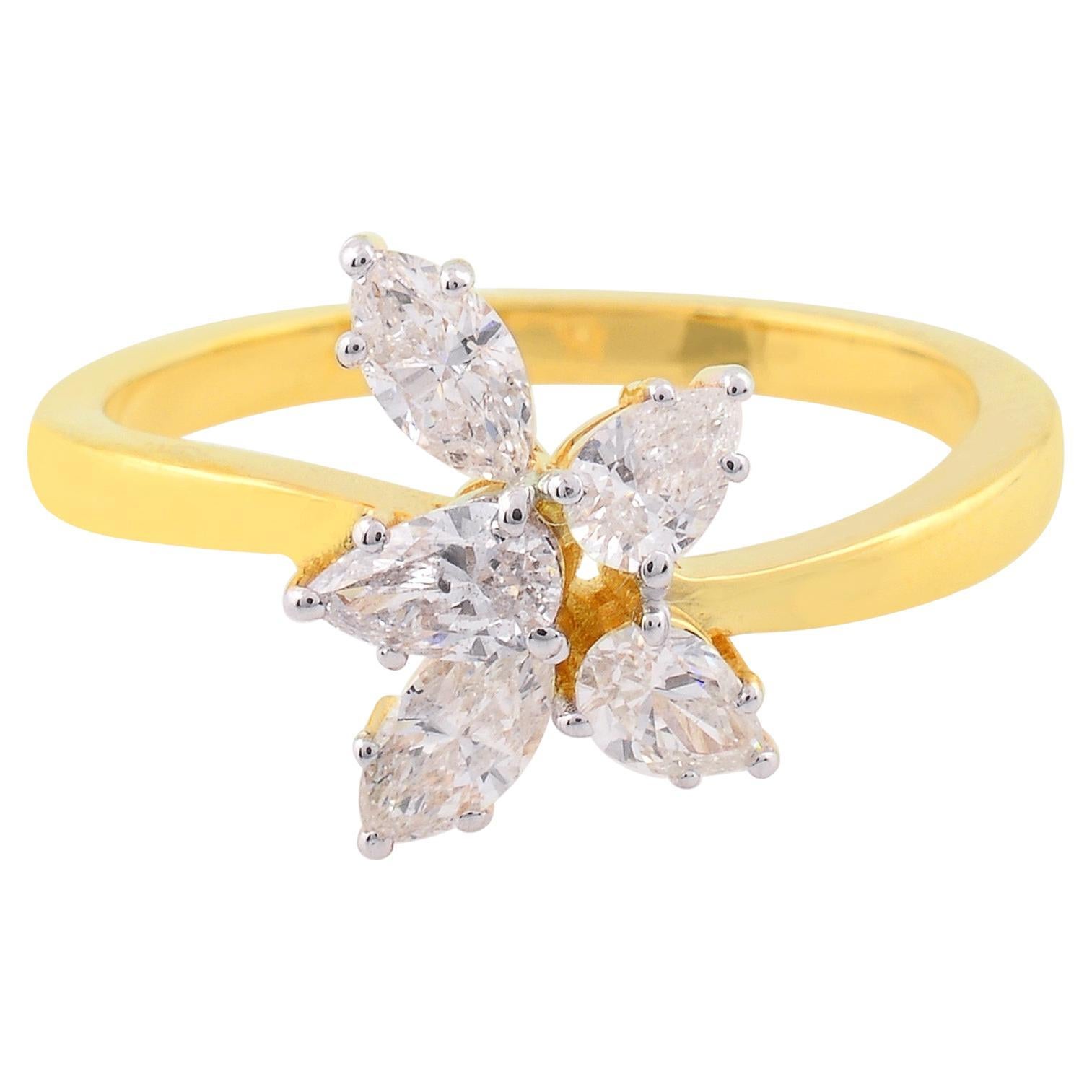 Bague fleur en or jaune 18 carats, diamants marquises et poire de 0,71 carat SI/HI
