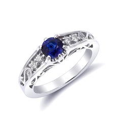 Natural Blue Sapphire Gemstone 0.71 carats in 14K White Gold Ring with Diamonds