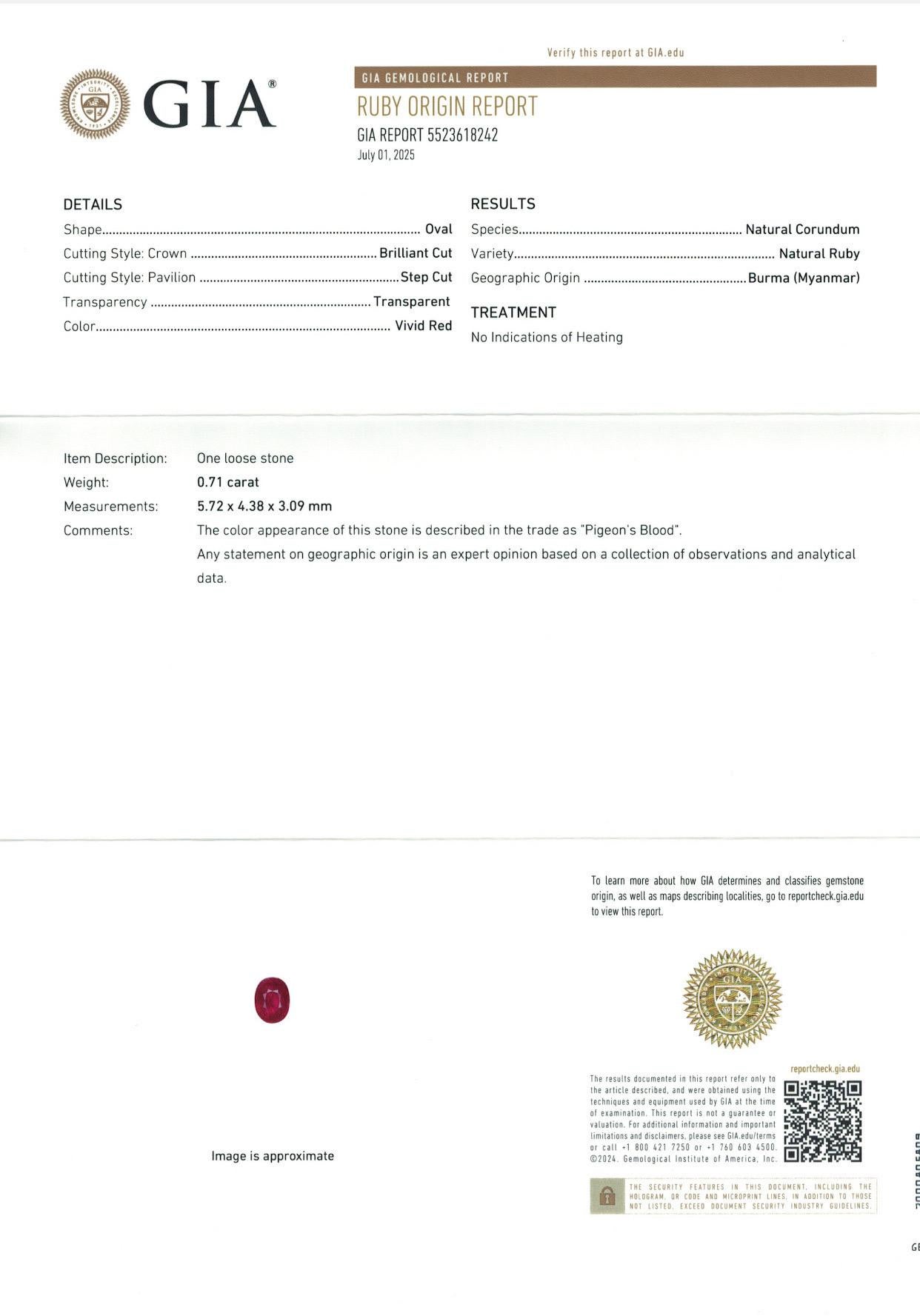 0,71 Ct  GIA Certified Unheated Ruby Burma Pigeon Blood qualità occhi puliti in vendita 3