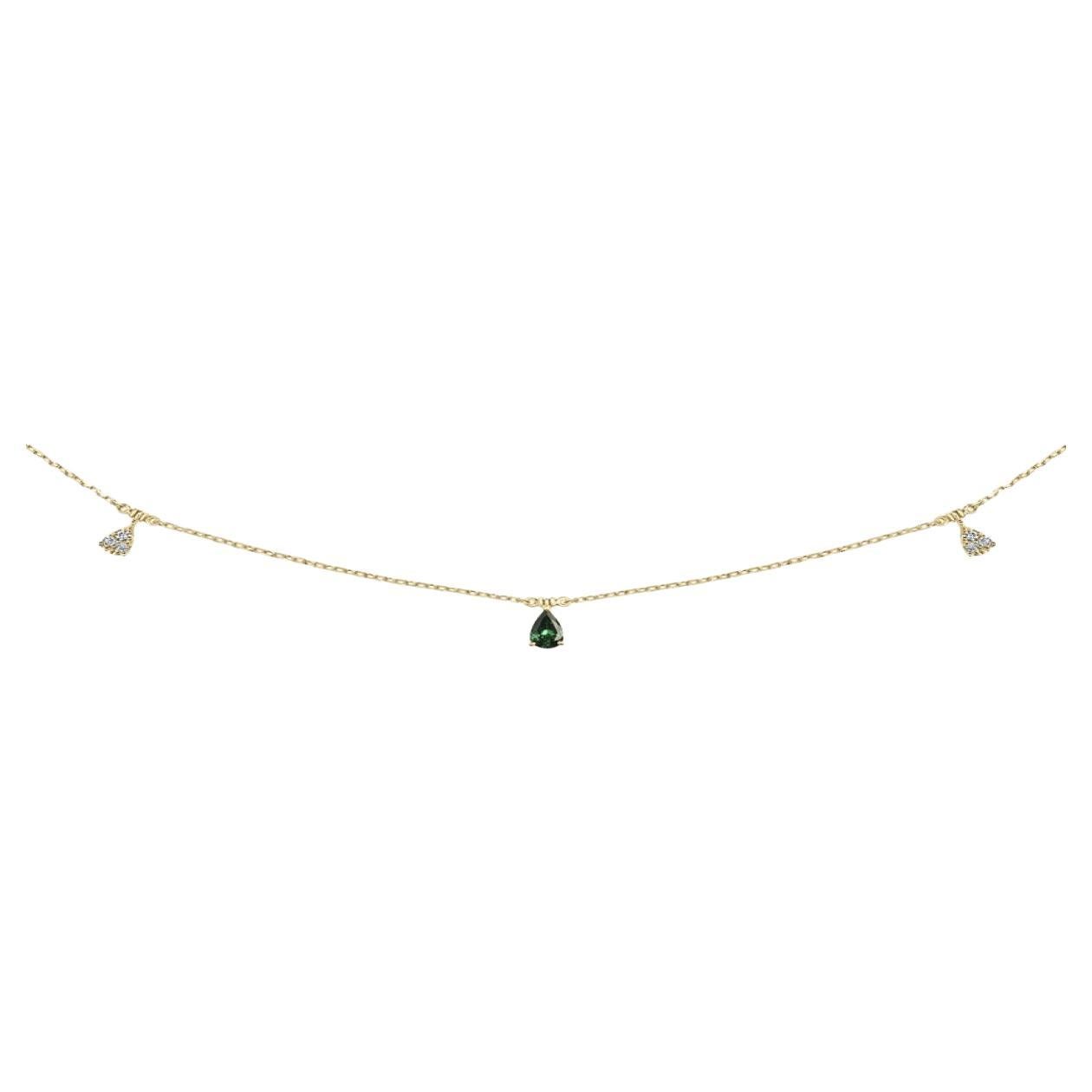 0.71 Ct Green Tsavorite & Illusion Drop Diamond Necklace  For Sale