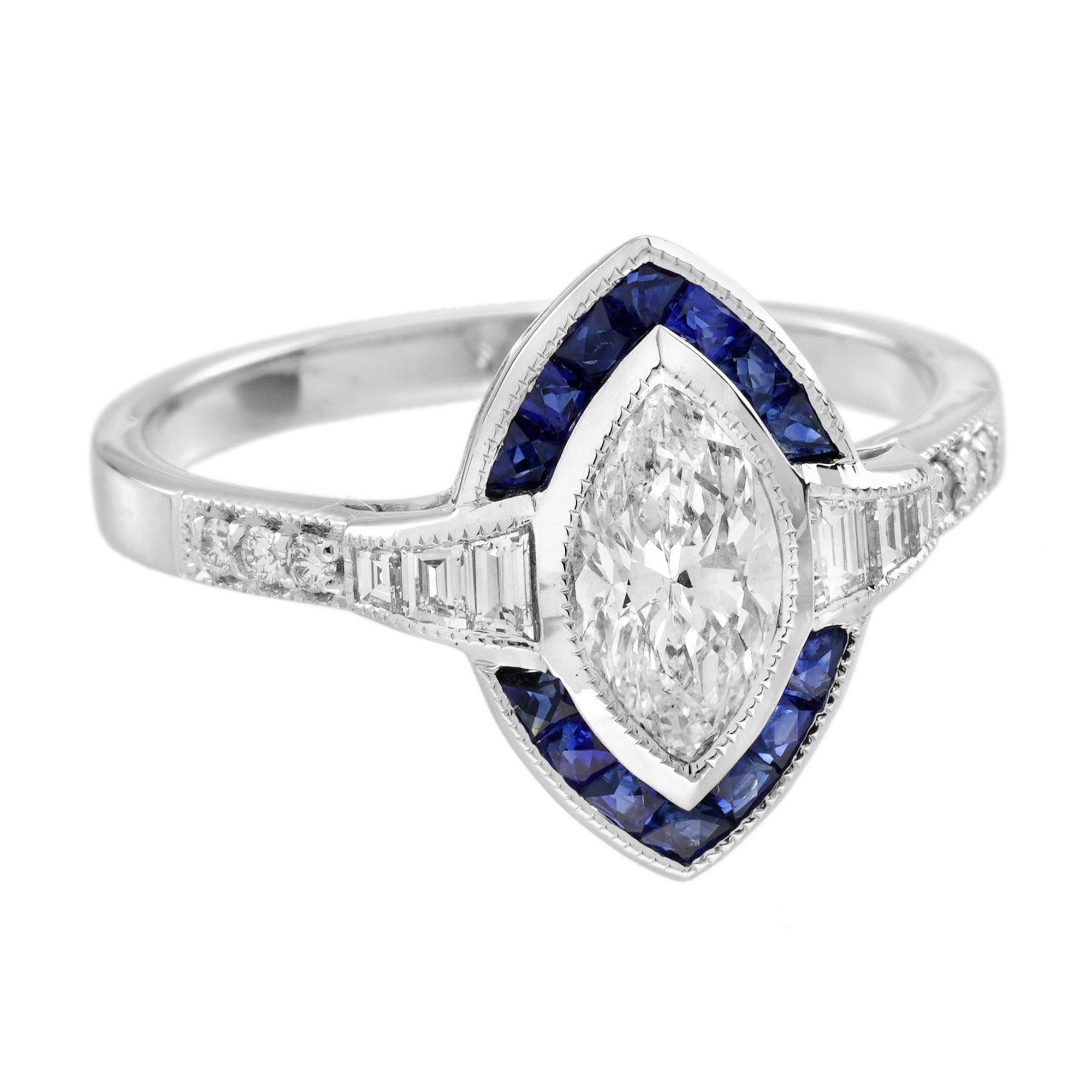 Cette superbe bague de fiançailles de style Art déco est ornée d'un brillant diamant marquise de 0,71 carat en son centre, exhalant une élégance intemporelle. Le diamant est magnifiquement encadré par des saphirs vibrants, ajoutant de la profondeur