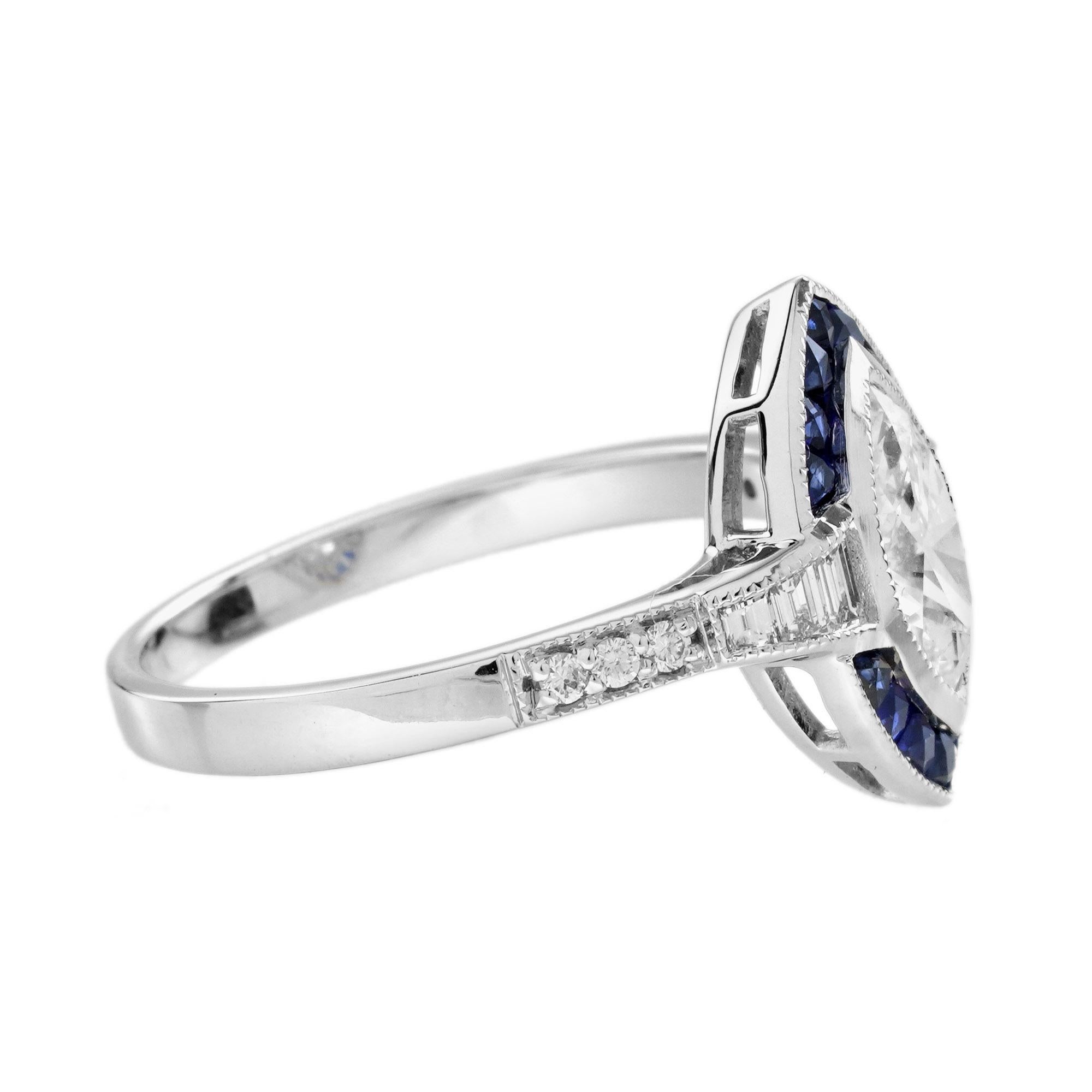 Taille Marquise 0.71 Ct. Bague de fiançailles de style Art déco en or 18 carats avec diamant marquis et saphir en vente