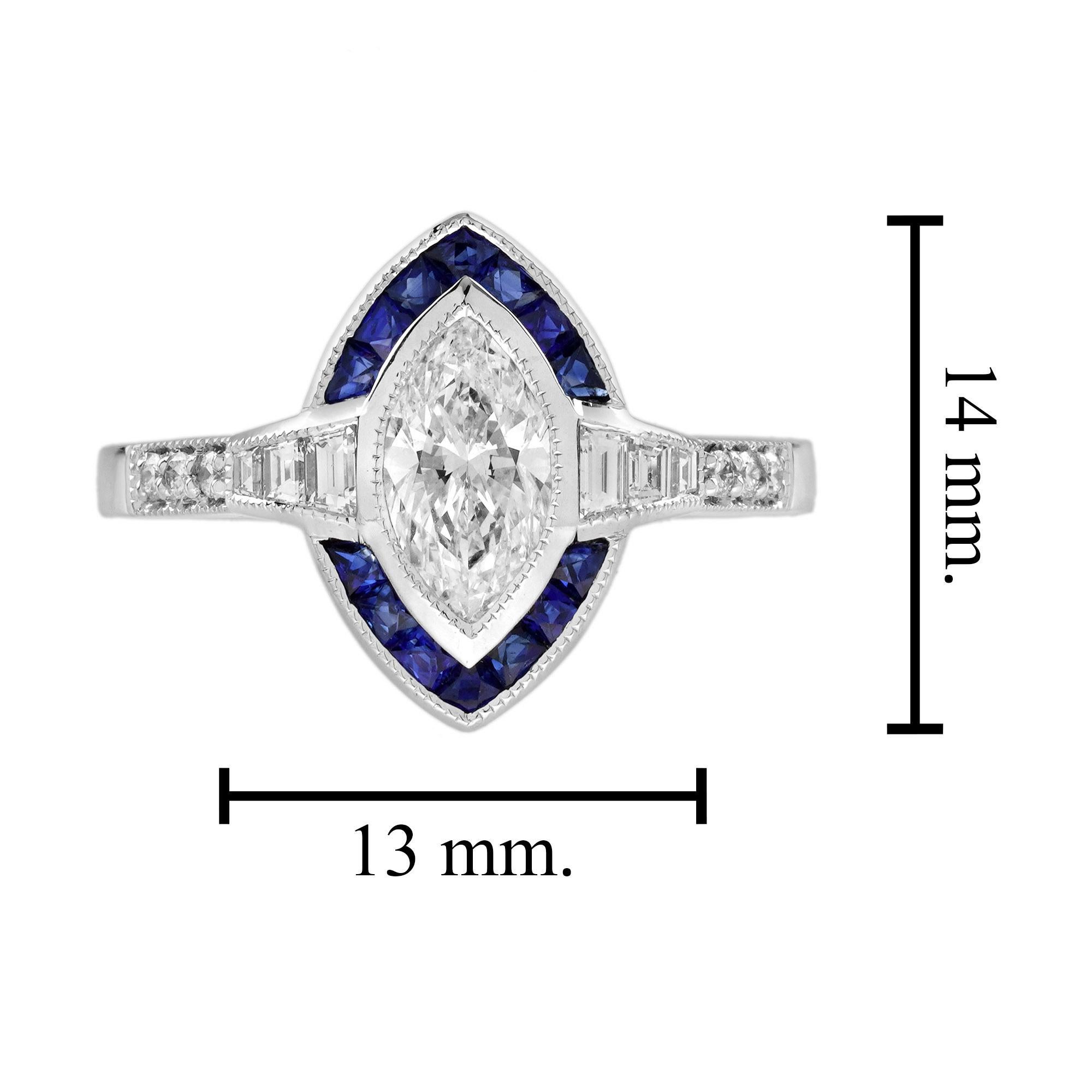 0.71 Ct. Bague de fiançailles de style Art déco en or 18 carats avec diamant marquis et saphir en vente 1