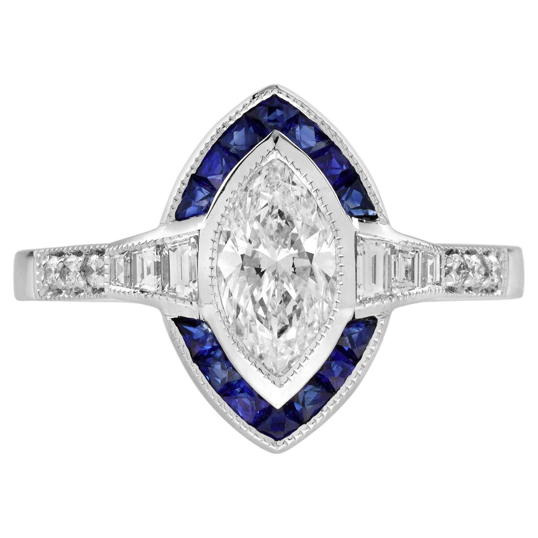 0.71 Ct. Bague de fiançailles de style Art déco en or 18 carats avec diamant marquis et saphir en vente
